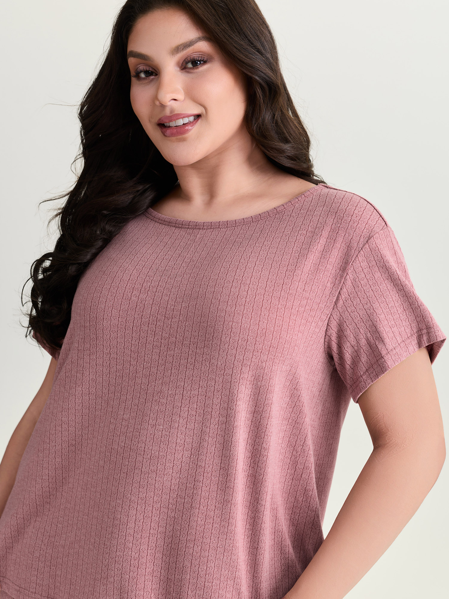 Side view of BloomChic Women's Plus Size Supersoft Ribbed Plain Two-Piece Lounge Set DustyPink Short sleeve Lace-Up 26/4X
