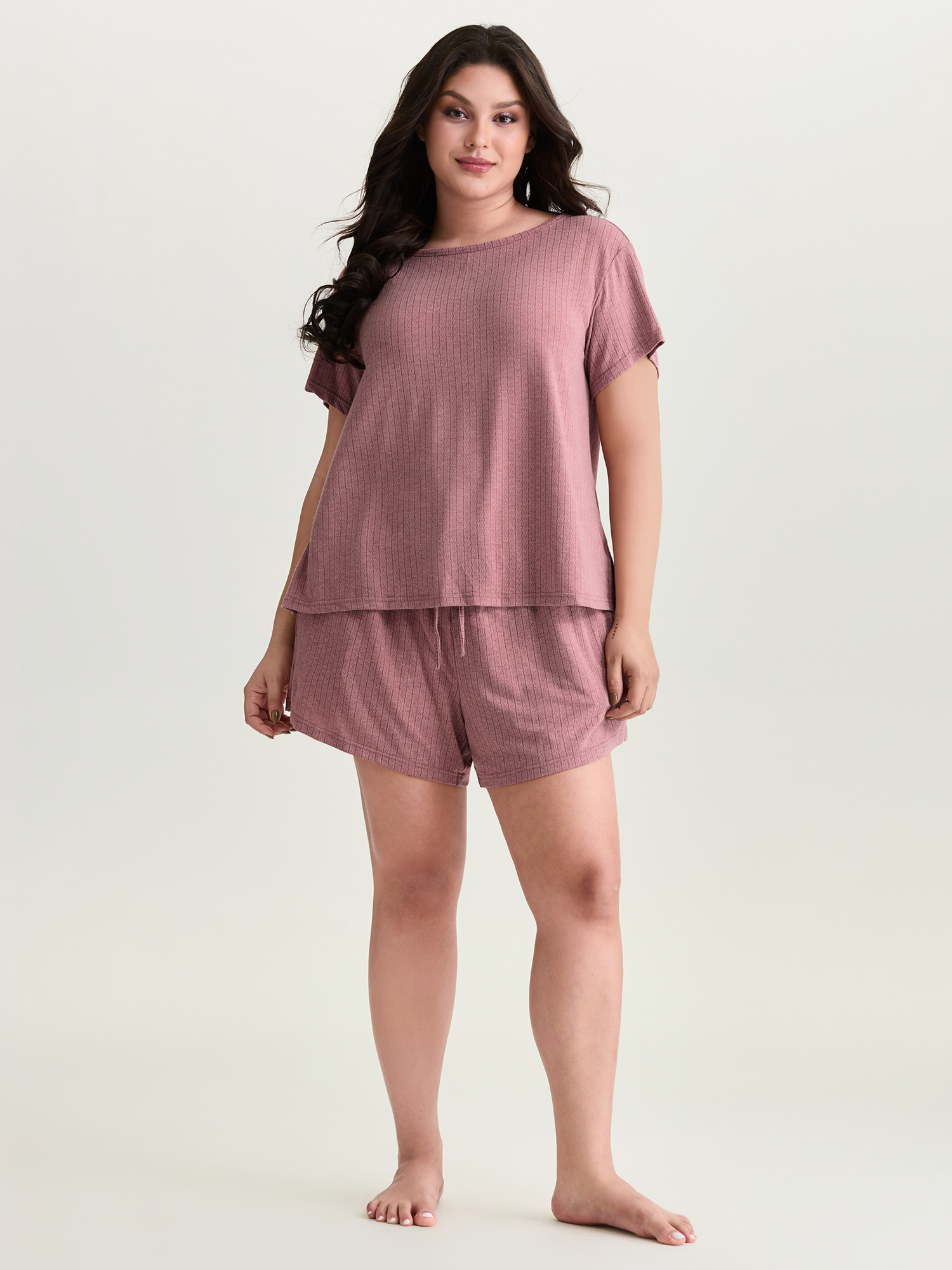 Side view of BloomChic Women's Plus Size Supersoft Ribbed Plain Two-Piece Lounge Set DustyPink Short sleeve Lace-Up 26/4X