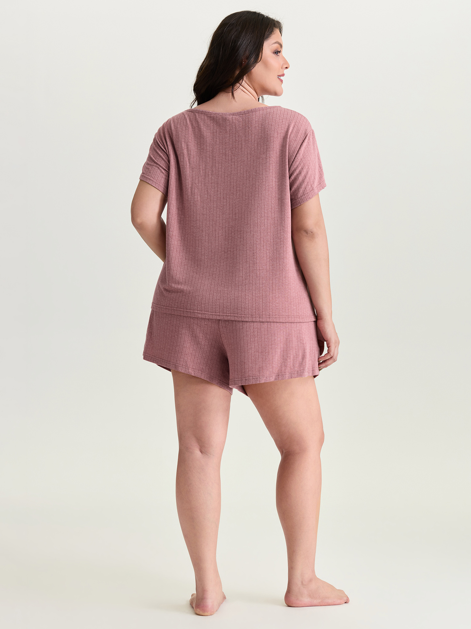 Side view of BloomChic Women's Plus Size Supersoft Ribbed Plain Two-Piece Lounge Set DustyPink Short sleeve Lace-Up 26/4X