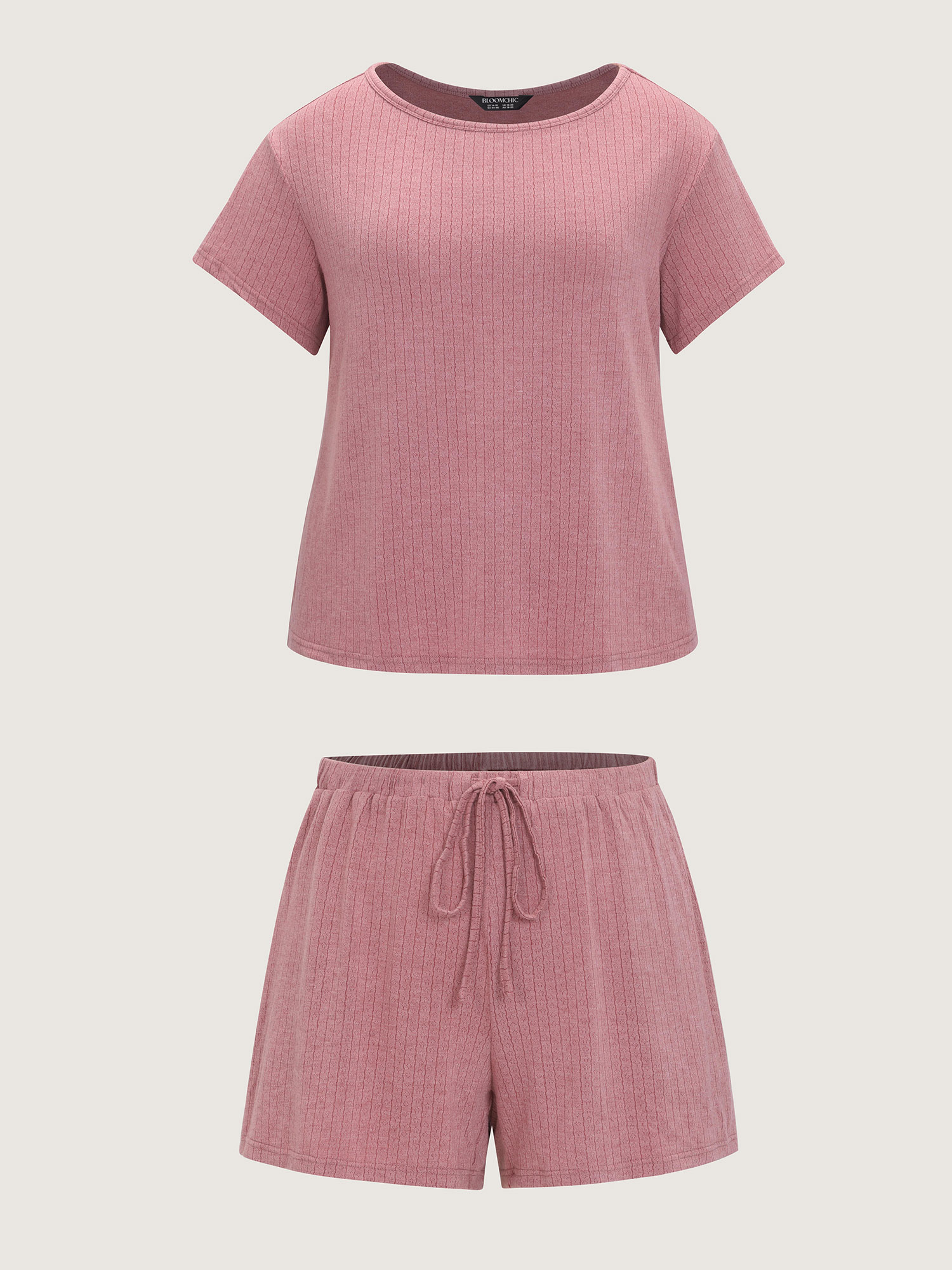 Side view of BloomChic Women's Plus Size Supersoft Ribbed Plain Two-Piece Lounge Set DustyPink Short sleeve Lace-Up 26/4X