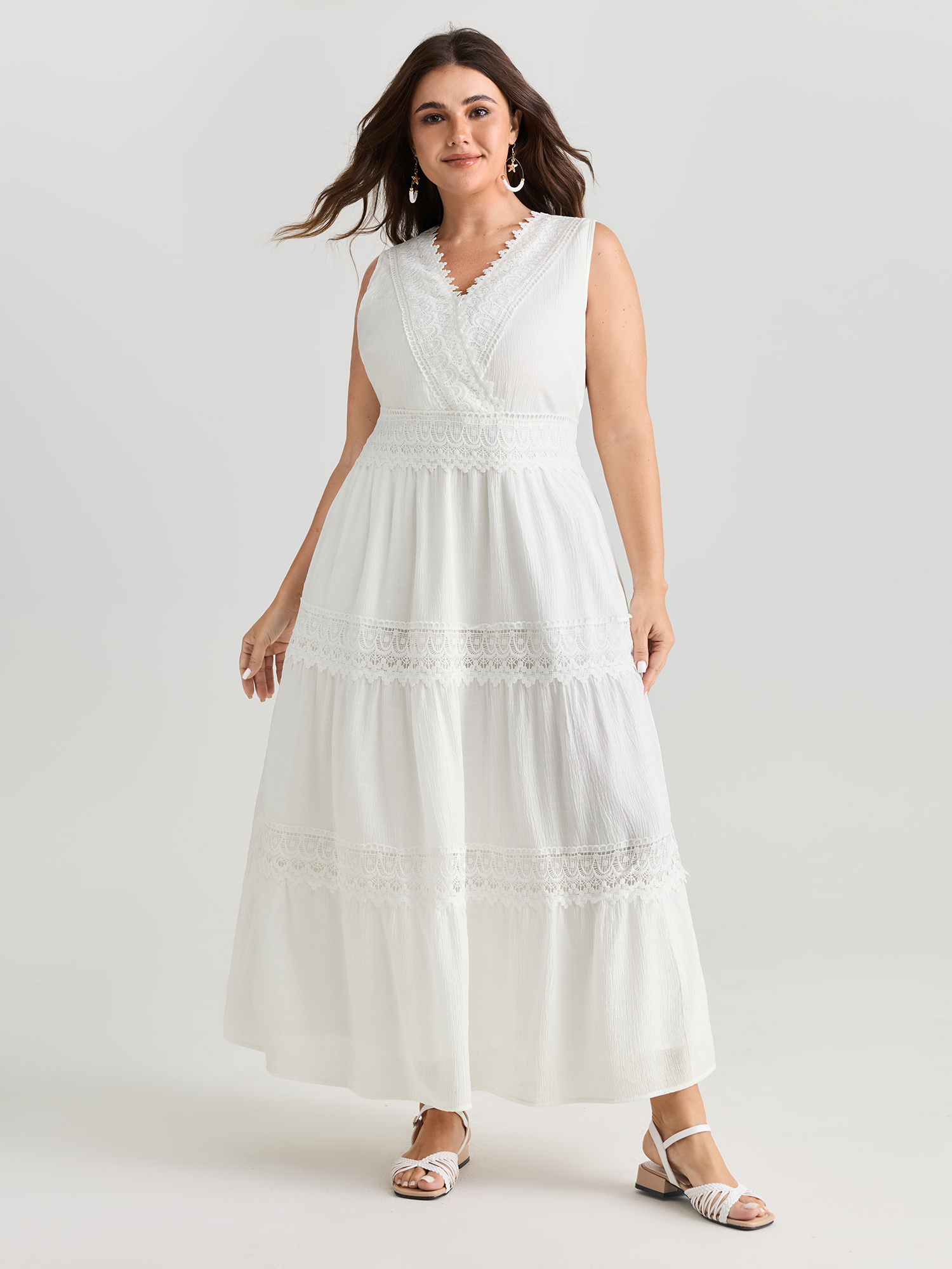 BloomChic Women's Plus Size Lace Trim Overlap Neckline Tiered Maxi Dress Originalwhite Maxi Vacation Lace Trim 10/M