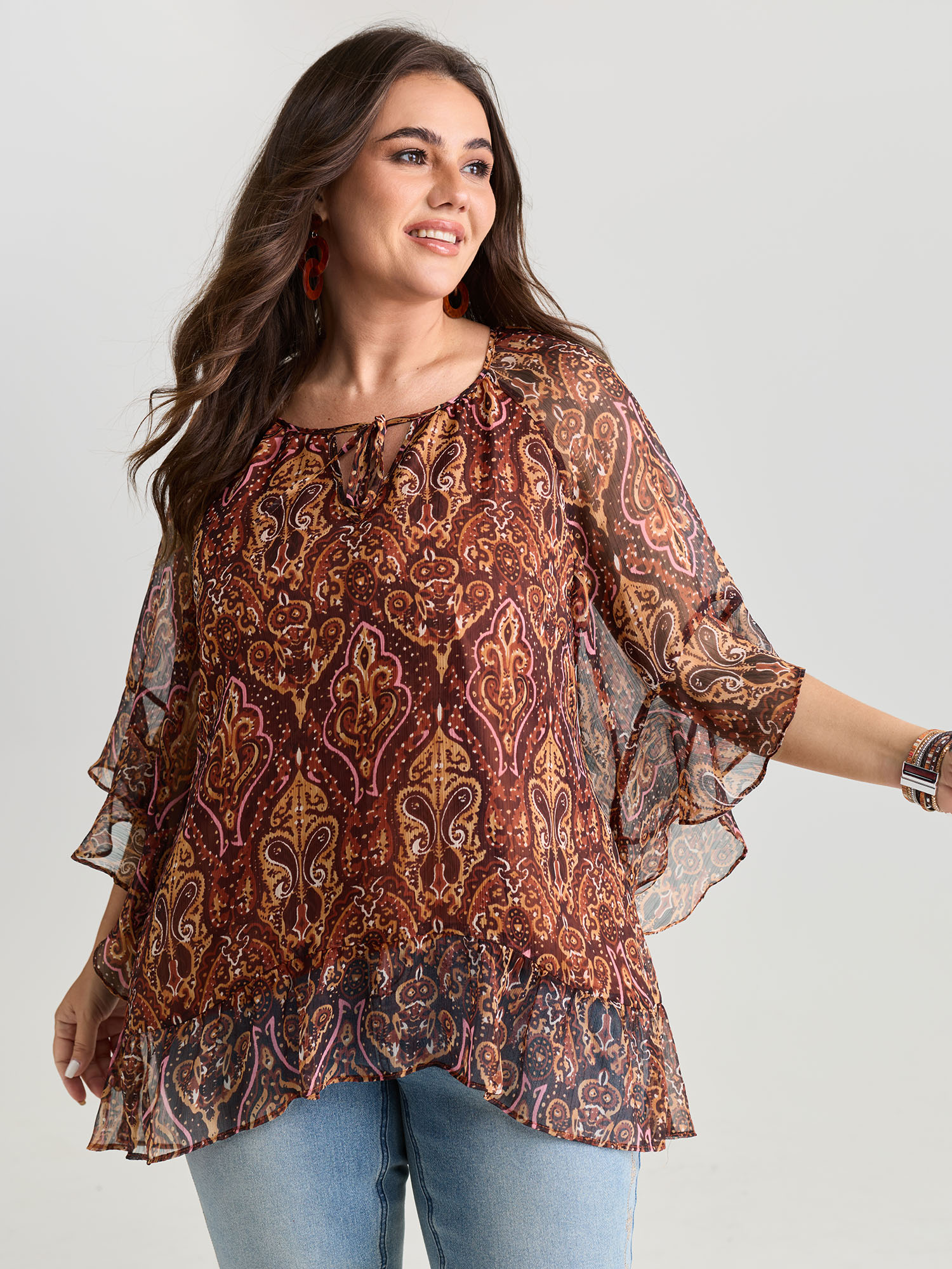BloomChic Women's Plus Size Boho Geometric Print Ruffled Sleeve Blouse Yellowishbrown Bohemian print Vacation 3/4 Sleeve V-Notch Neck 28/5X