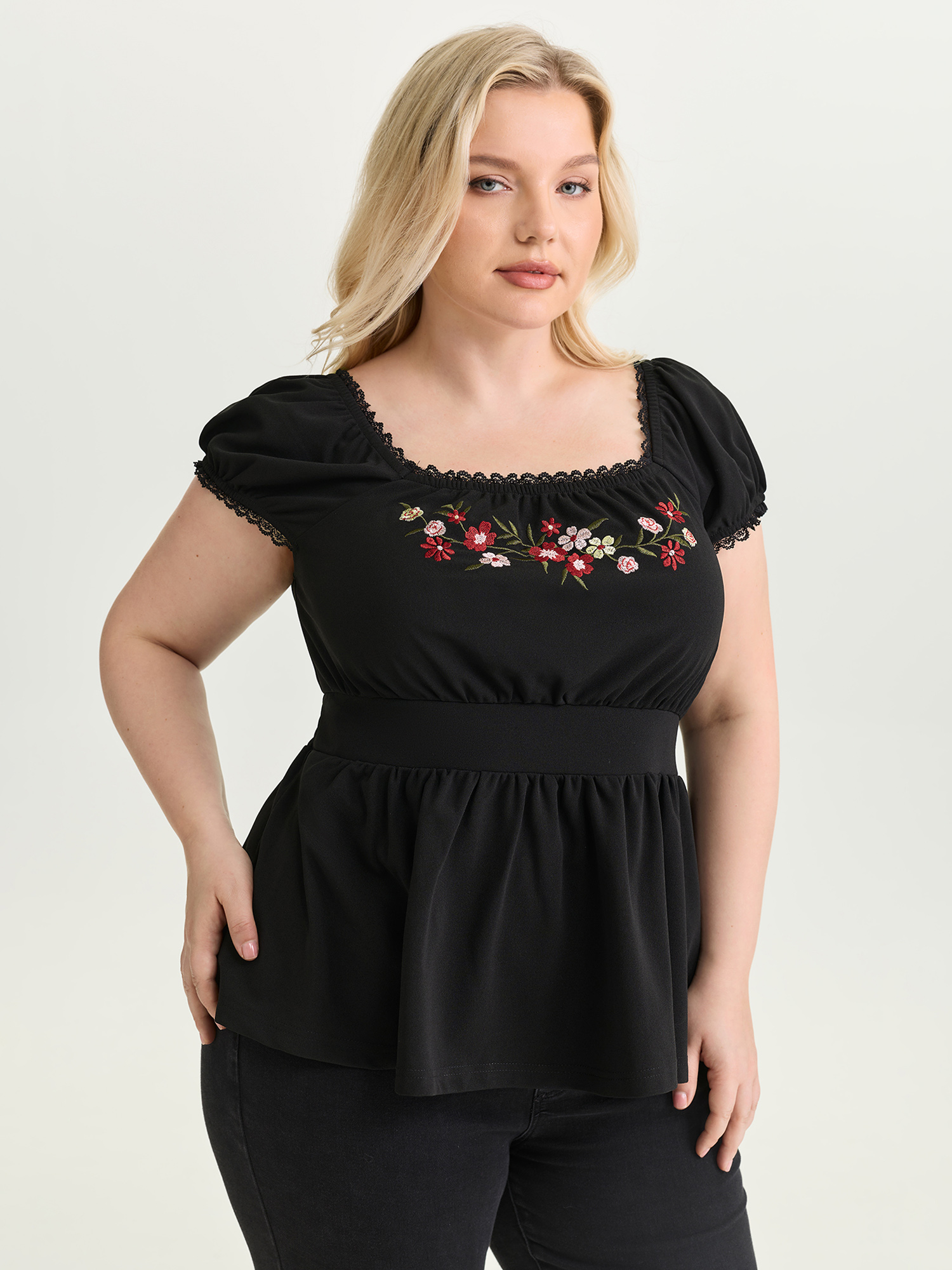 BloomChic Women's Plus Size Floral Embroidered Babydoll Plain Knit Top Black Short sleeve Everyday-Elegant 22-24/3X