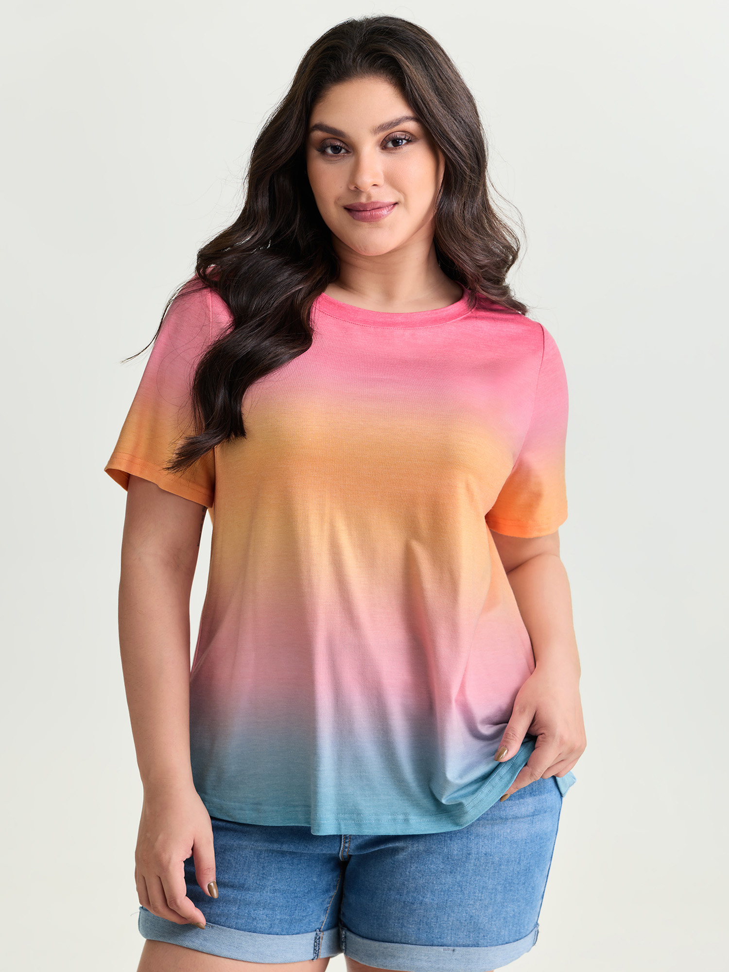 BloomChic Women's Plus Size Ombre Gradient Round Neck T-Shirt Multicolor Ombre Everyday-Casual Short sleeve Round Neck 10/M