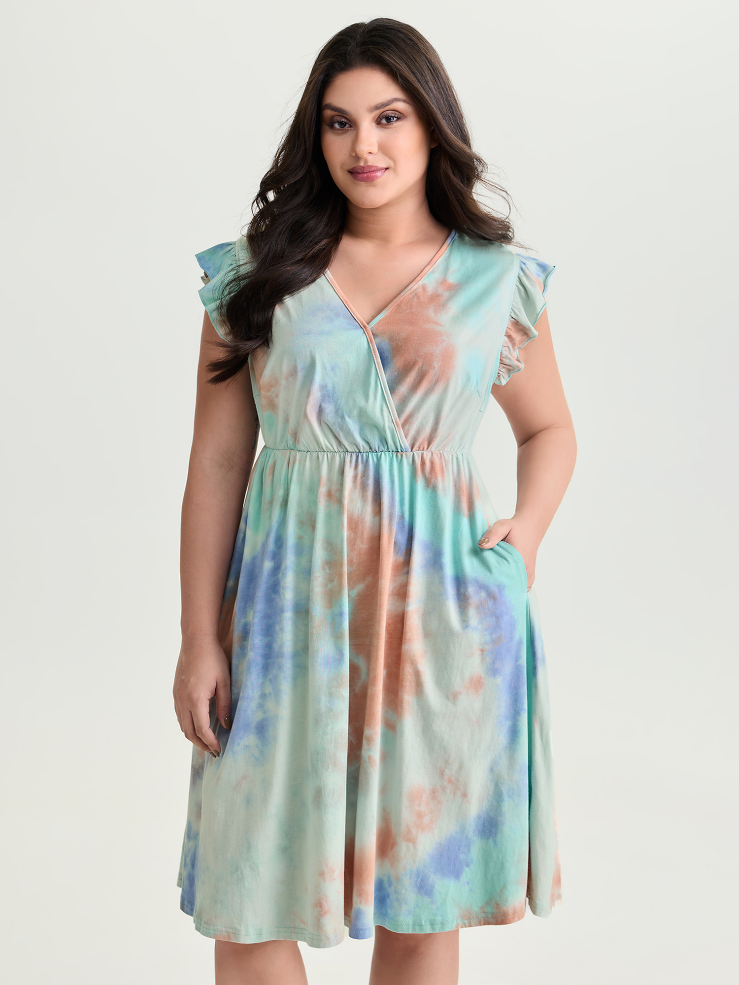 BloomChic Women's Plus Size Cotton Color Gradient Wrap Neckline Midi Dress Multicolor Tie-dye Midi Everyday-Casual Wrap / Overlap 10/M