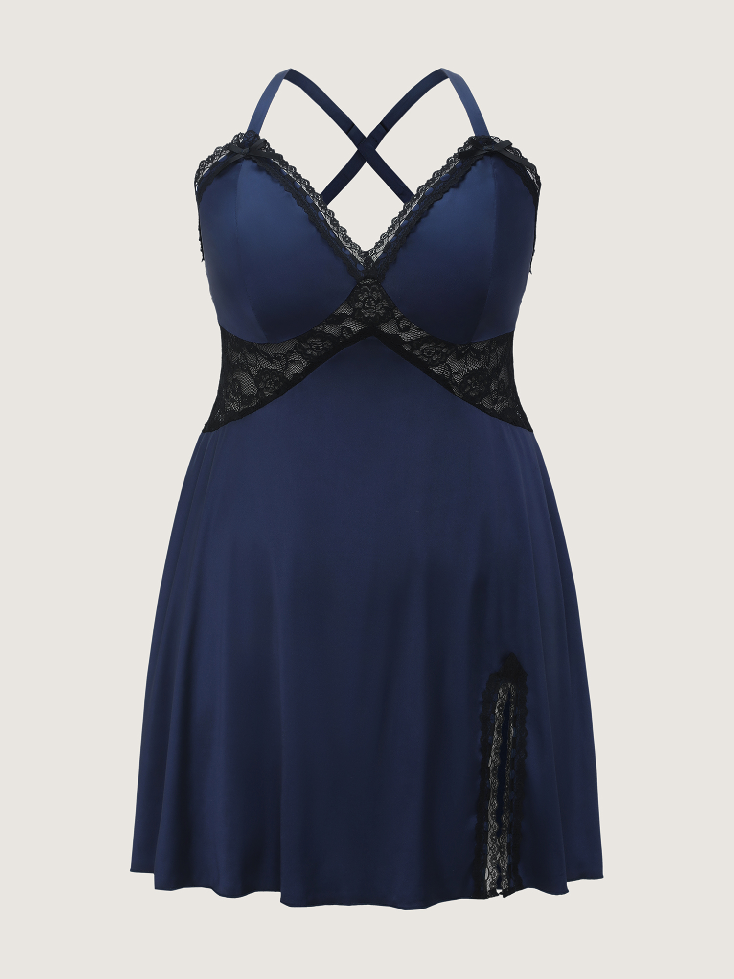 Side view of BloomChic Women's Plus Size Satin Lace Trim Plunging Neckline Nightgown Indigo Sleeveless cropped V-Neck 12/L