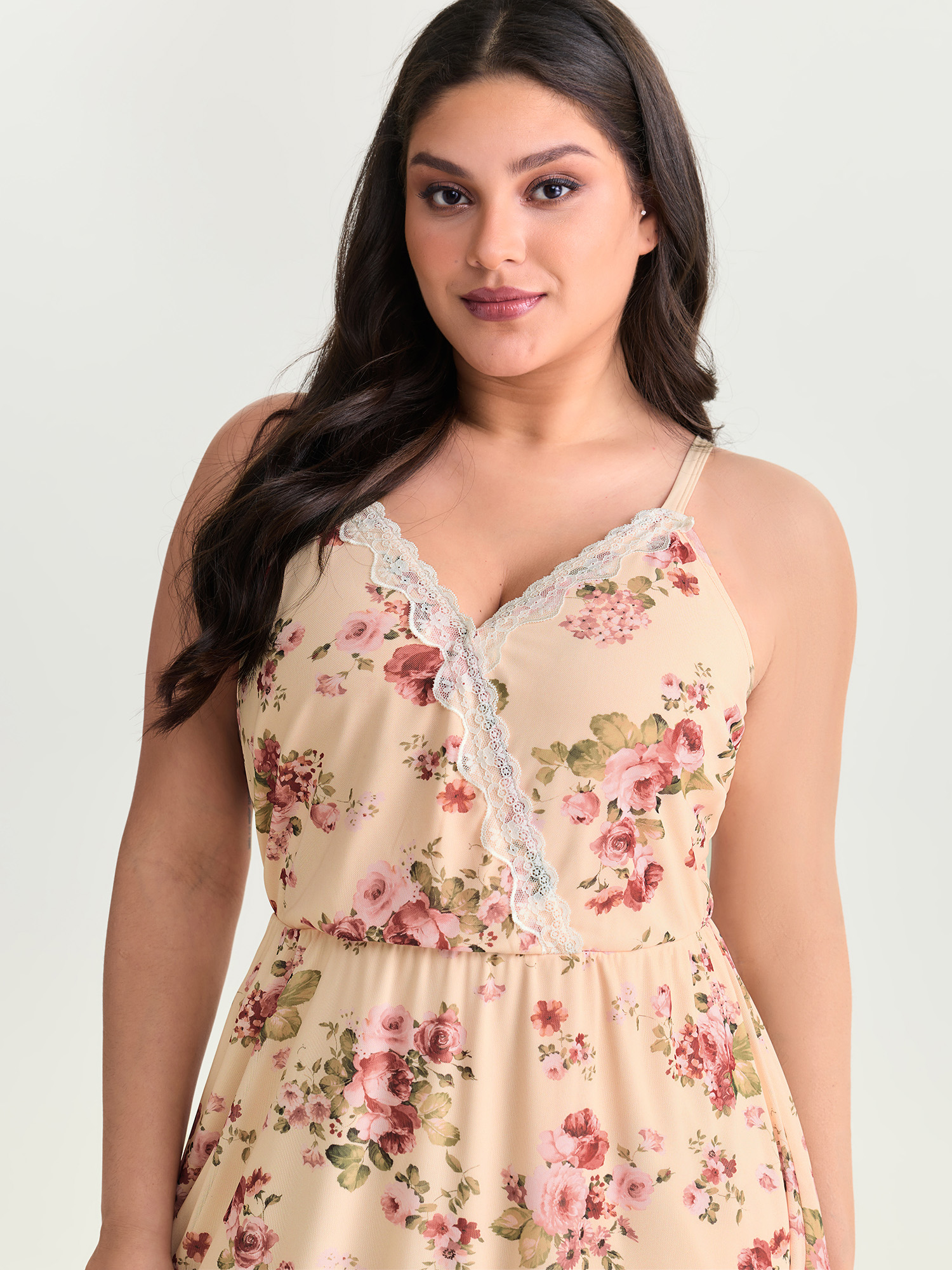 Side view of BloomChic Women's Plus Size Floral Print Lace Neckline Nightgown MistyRose Sleeveless Tunic 30/6X