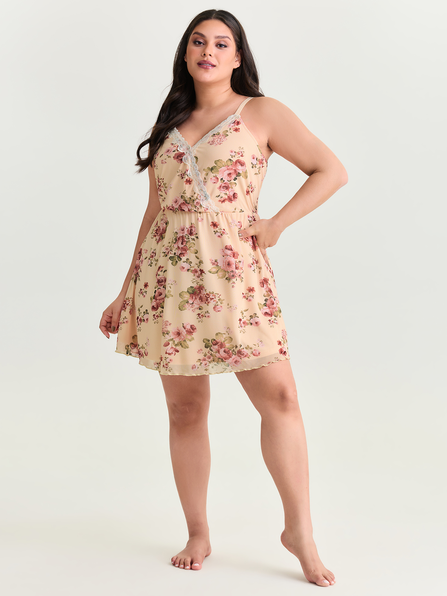 Side view of BloomChic Women's Plus Size Floral Print Lace Neckline Nightgown MistyRose Sleeveless Tunic 30/6X