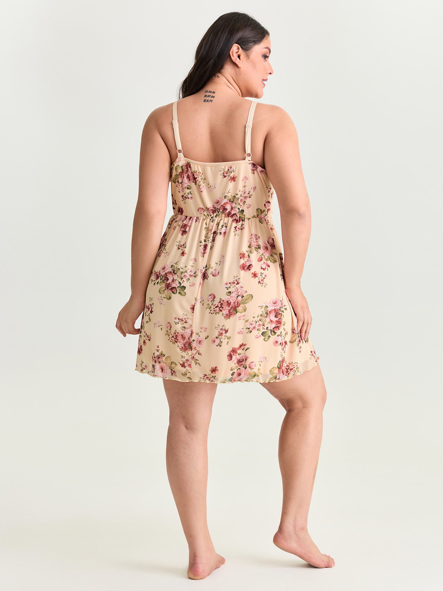 Side view of BloomChic Women's Plus Size Floral Print Lace Neckline Nightgown MistyRose Sleeveless Tunic 30/6X