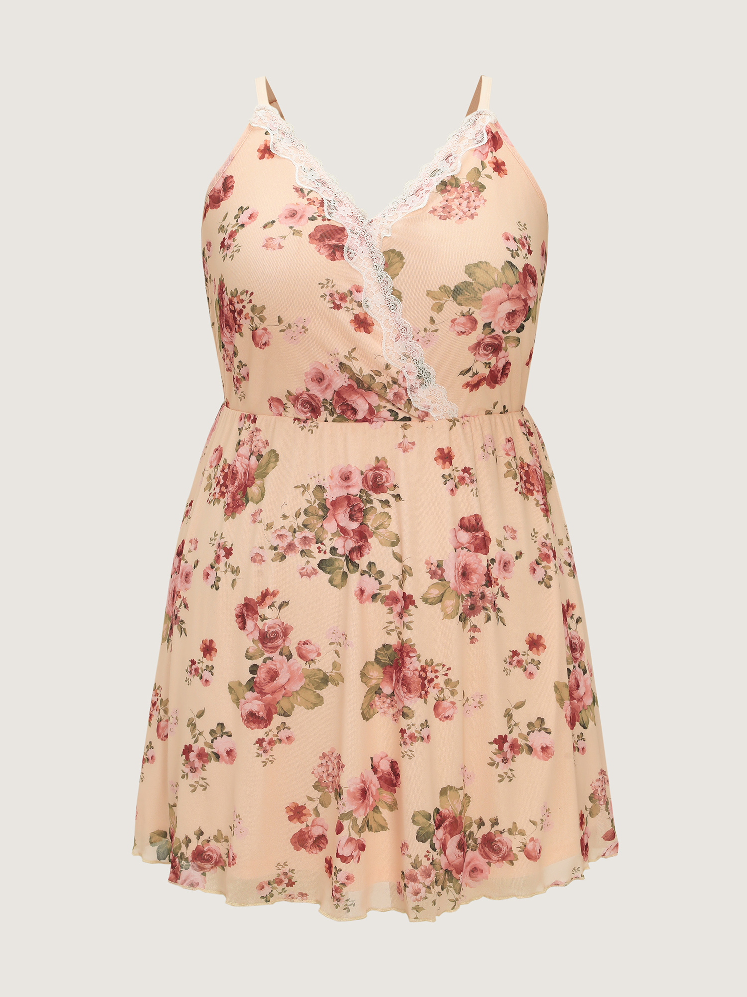 Side view of BloomChic Women's Plus Size Floral Print Lace Neckline Nightgown MistyRose Sleeveless Tunic 30/6X