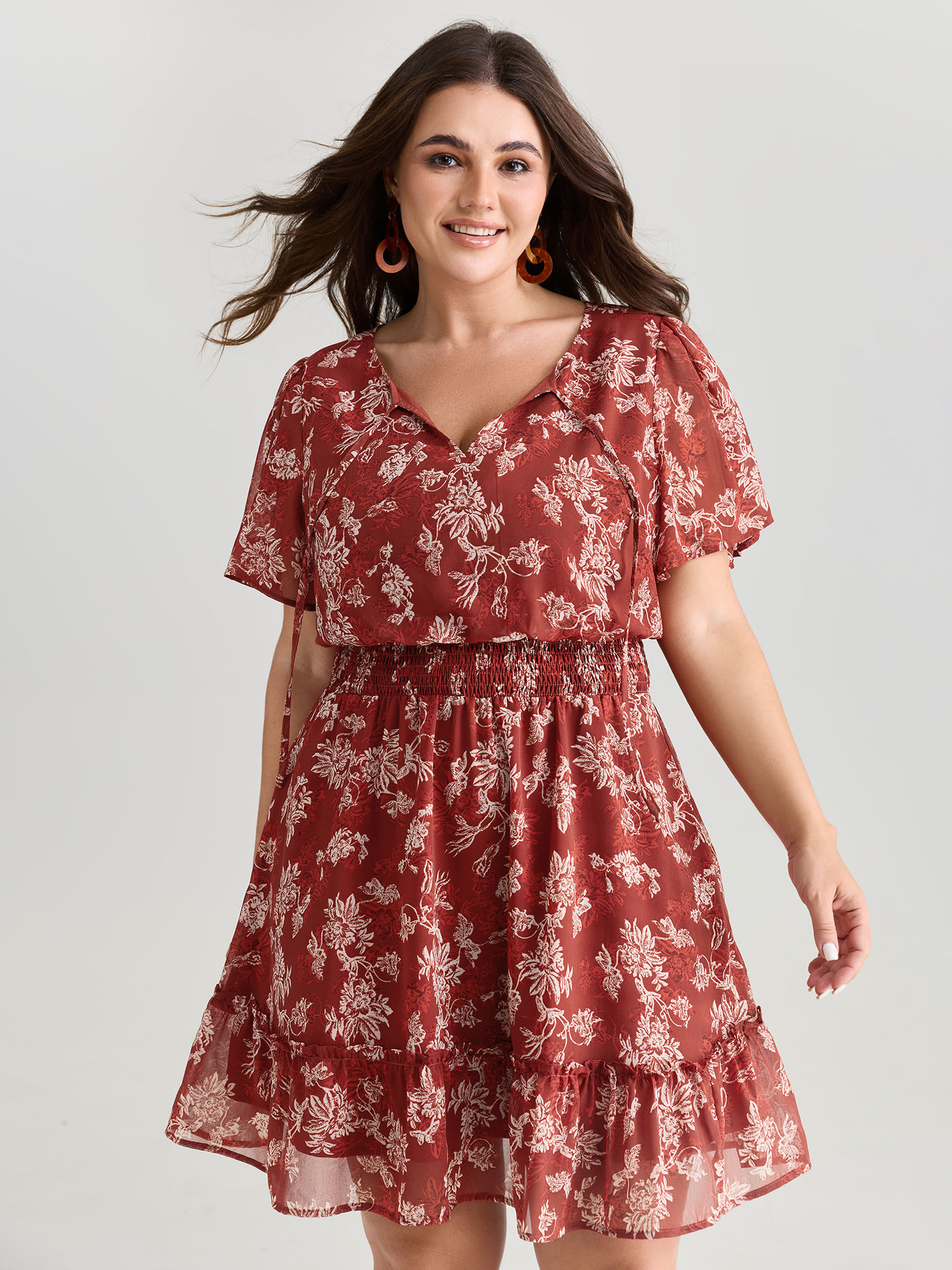 BloomChic Plus Size Floral Print Shirred Waist Mini Dress - Curve Ladies Rust Boho Short sleeve Leaf Side Pocket Daily Dresses 14/M