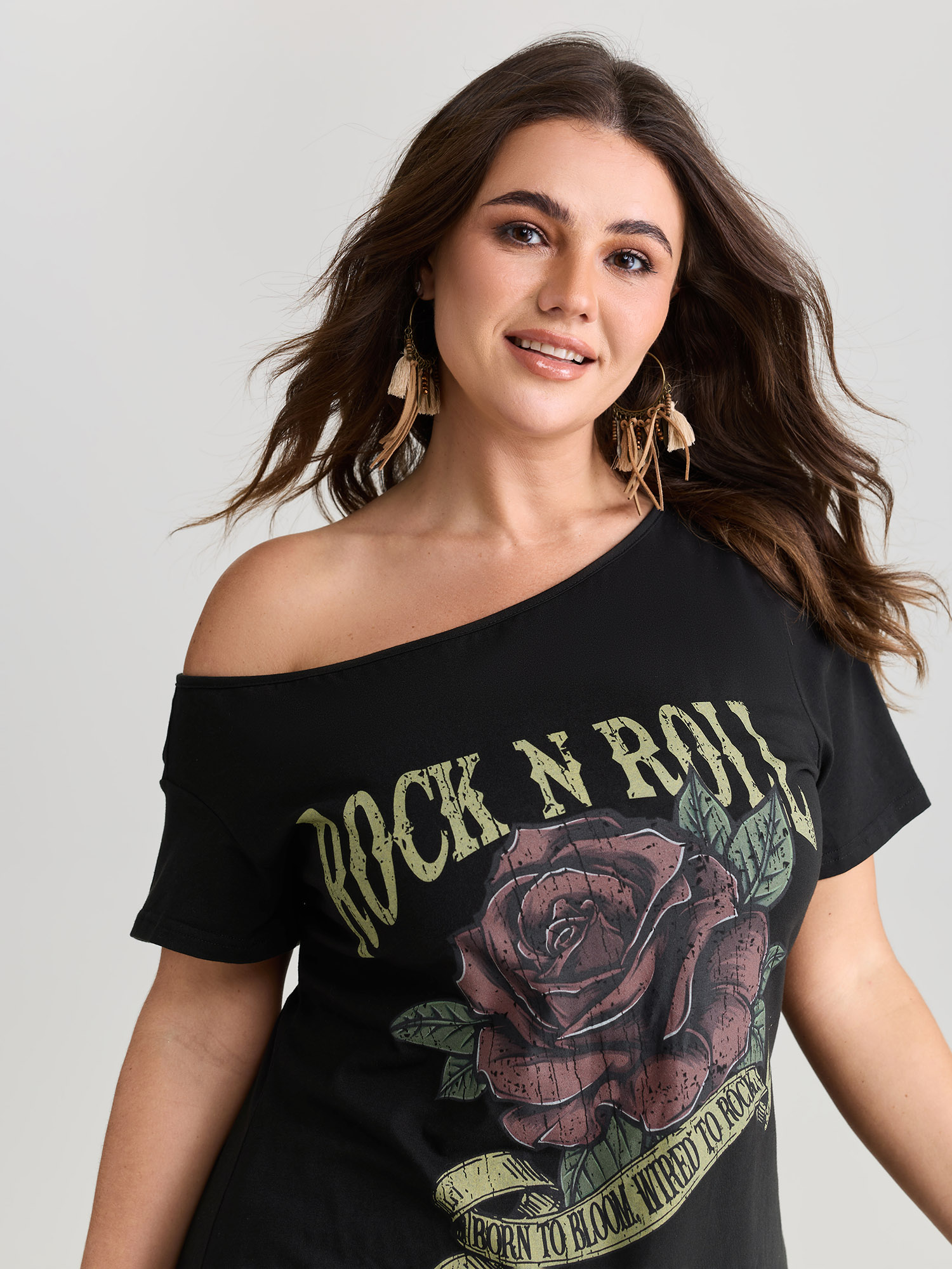 BloomChic Plus Size Cotton Rock And Roll Print T-Shirt - Women's Black Solid Round Neck Comfort Midsection Fit Long Sleeve Playful T-shirts 26-28/3X