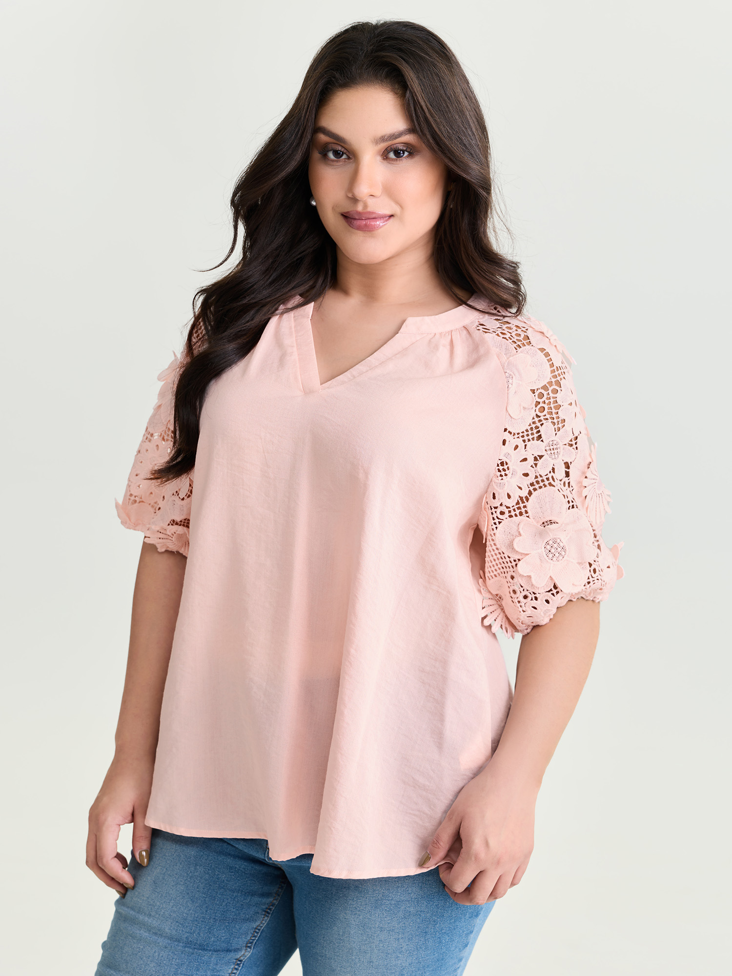 BloomChic Women's Plus Size 3D Floral Sleeve Spliced Flowy Blouse Nudepink Synthetic texture Everyday-Elegant Half Sleeve 26/4X
