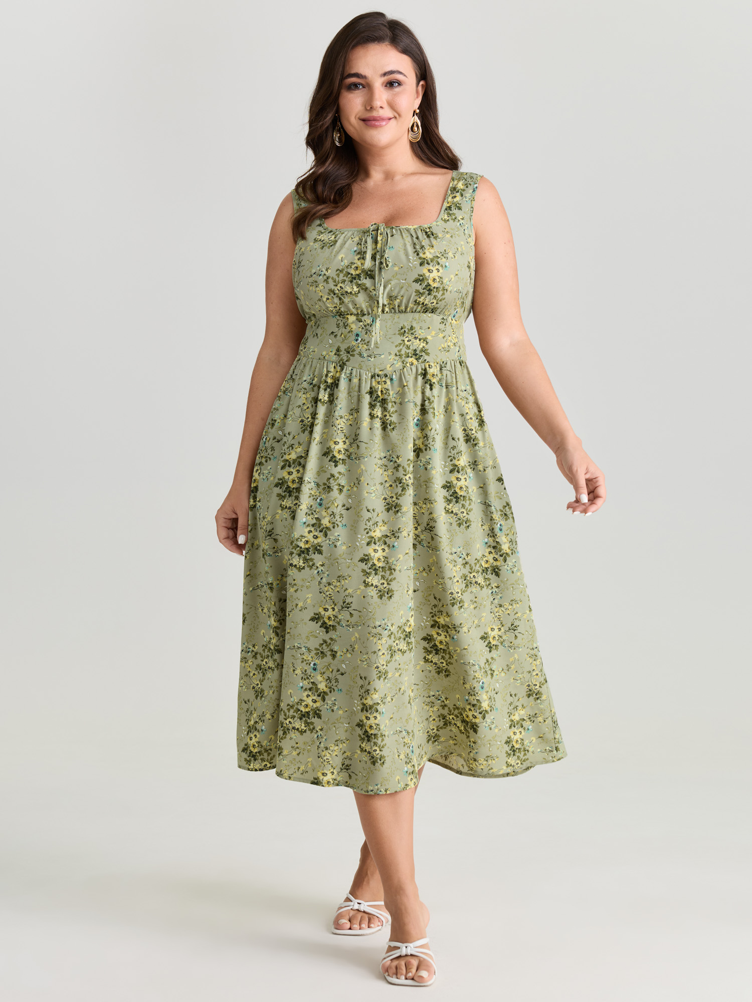 BloomChic Women's Plus Size Floral Print Adjustable Bust-Tie Pockets Midi Dress Greenbean Ditsy Floral Midi Everyday-Elegant Drawstring 30/6X