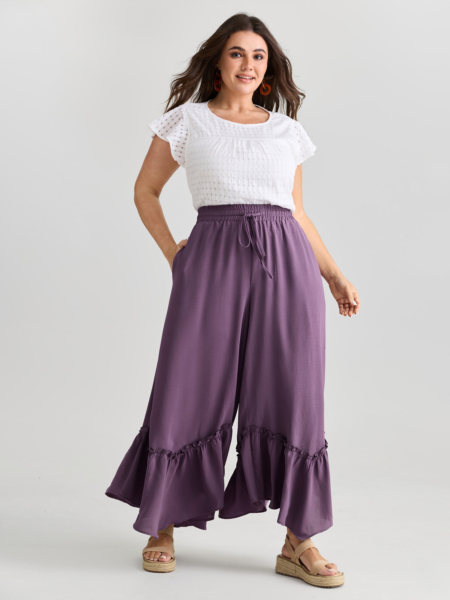 BloomChic Women's Plus Size Drawstring Waist Ruffled Hem Pants Mauve Solid Flared High Rise 10/M