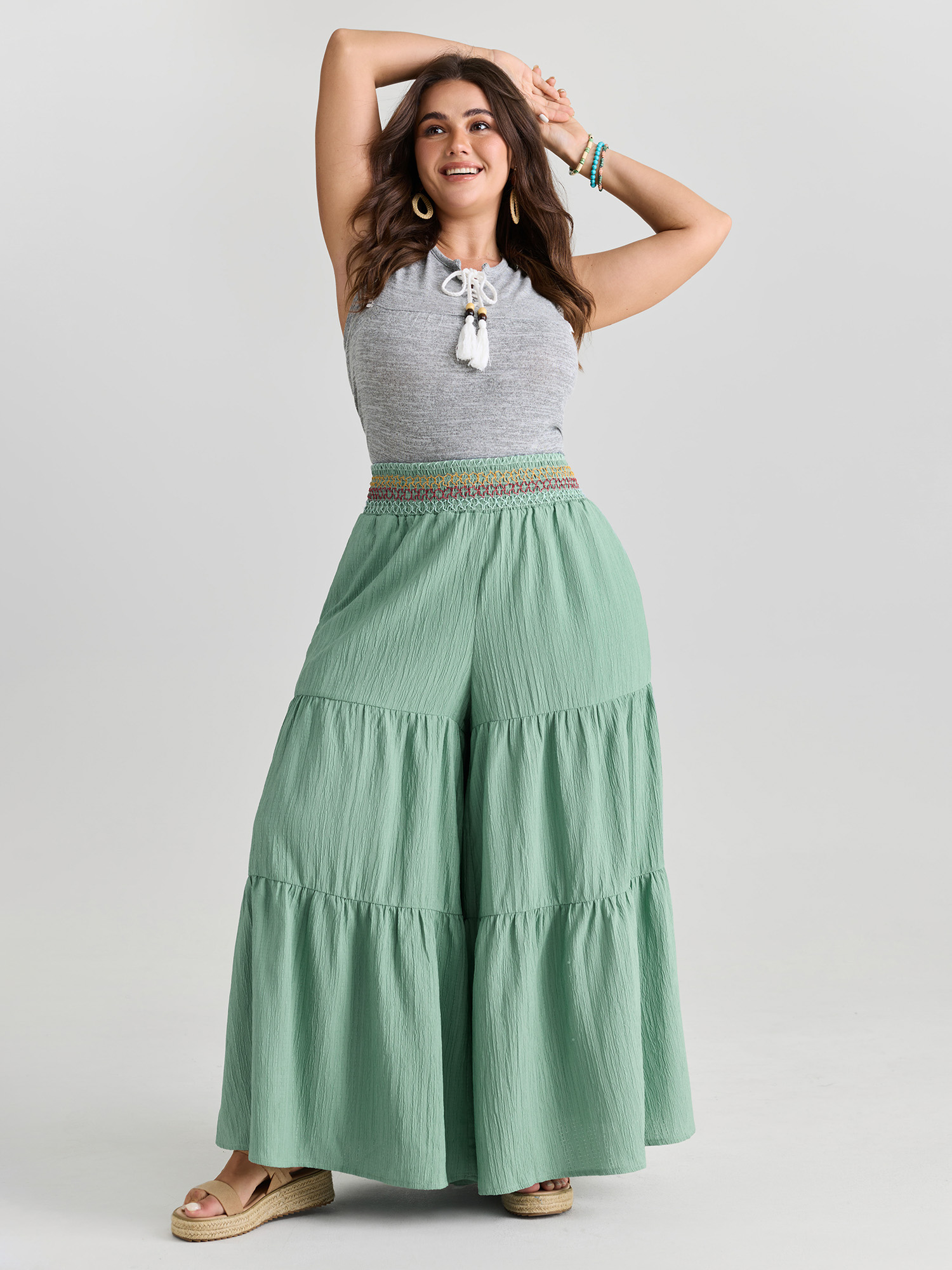 BloomChic Women's Plus Size Tiered Shirred Waist Flare Pants Mint Solid Flared High Rise 12/L