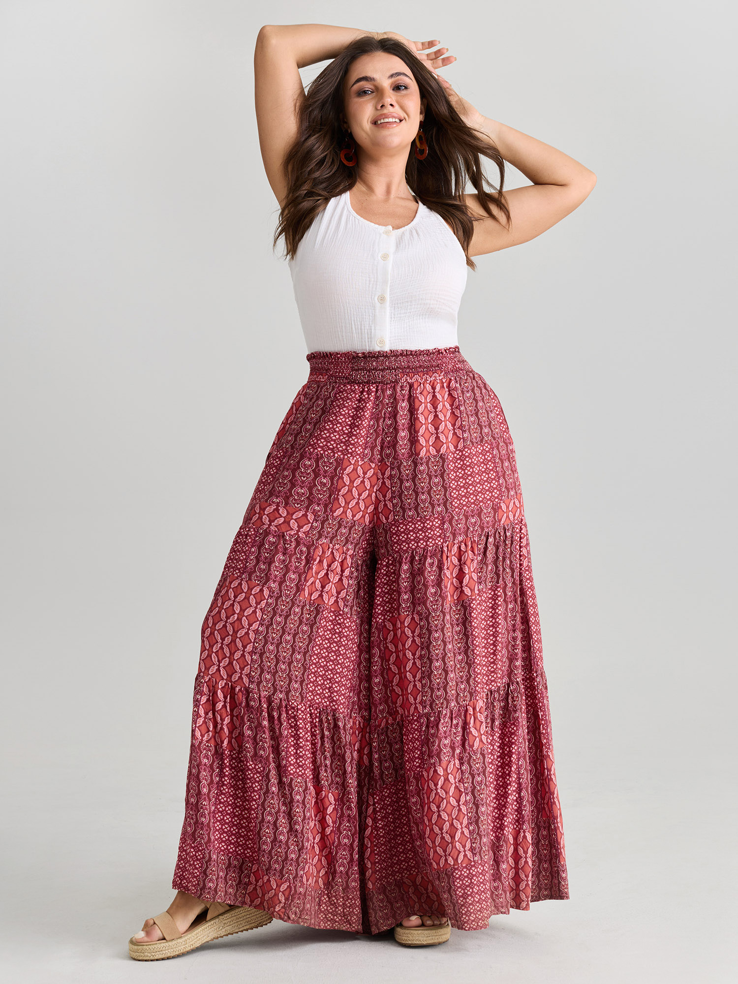 BloomChic Women's Plus Size Geometric Print Flared Shirred Waist Pants Browncoffeecolor Ethnic Floral Flared High Rise 10/M