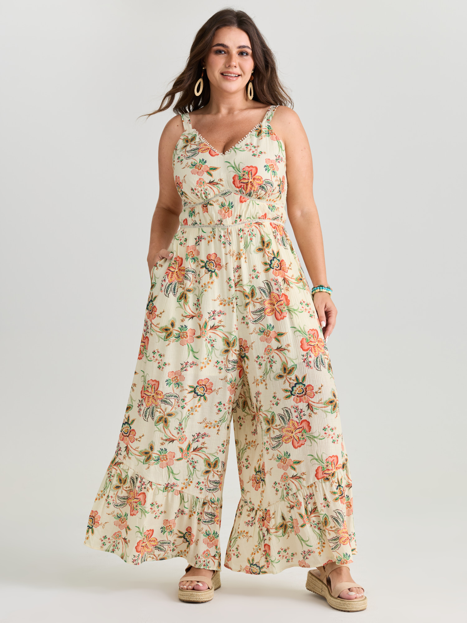 BloomChic Plus Size Floral Lace Trim Cinched-Waist Jumpsuit - Curve Women's Beige Playsuit - Thigh-Friendly Pocket X-line Jumpsuits 14/M