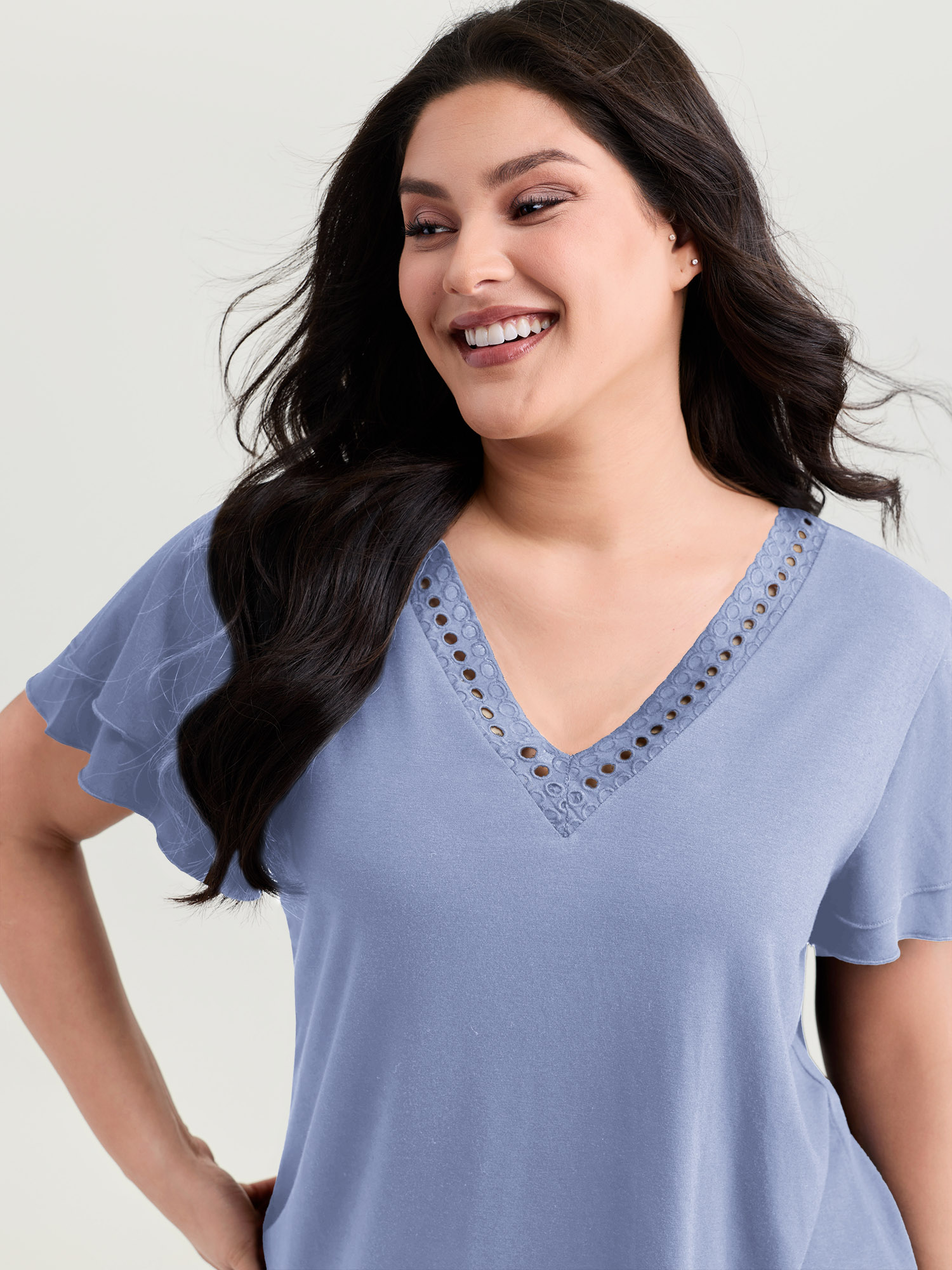 BloomChic Women's Plus Size Supersoft Lace Trim Layered Sleeve T-Shirt LightBlue Casual Cap Sleeve 10/M