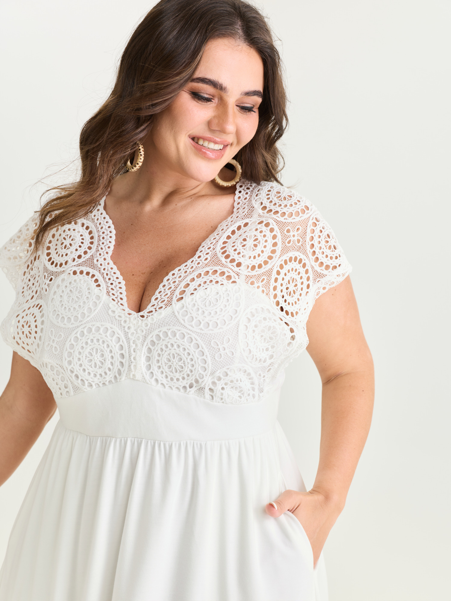 Side view of BloomChic Women's Plus Size Sheer Lace Sleeve Flowy Mini Dress WhiteSmoke Vacation 28/5X