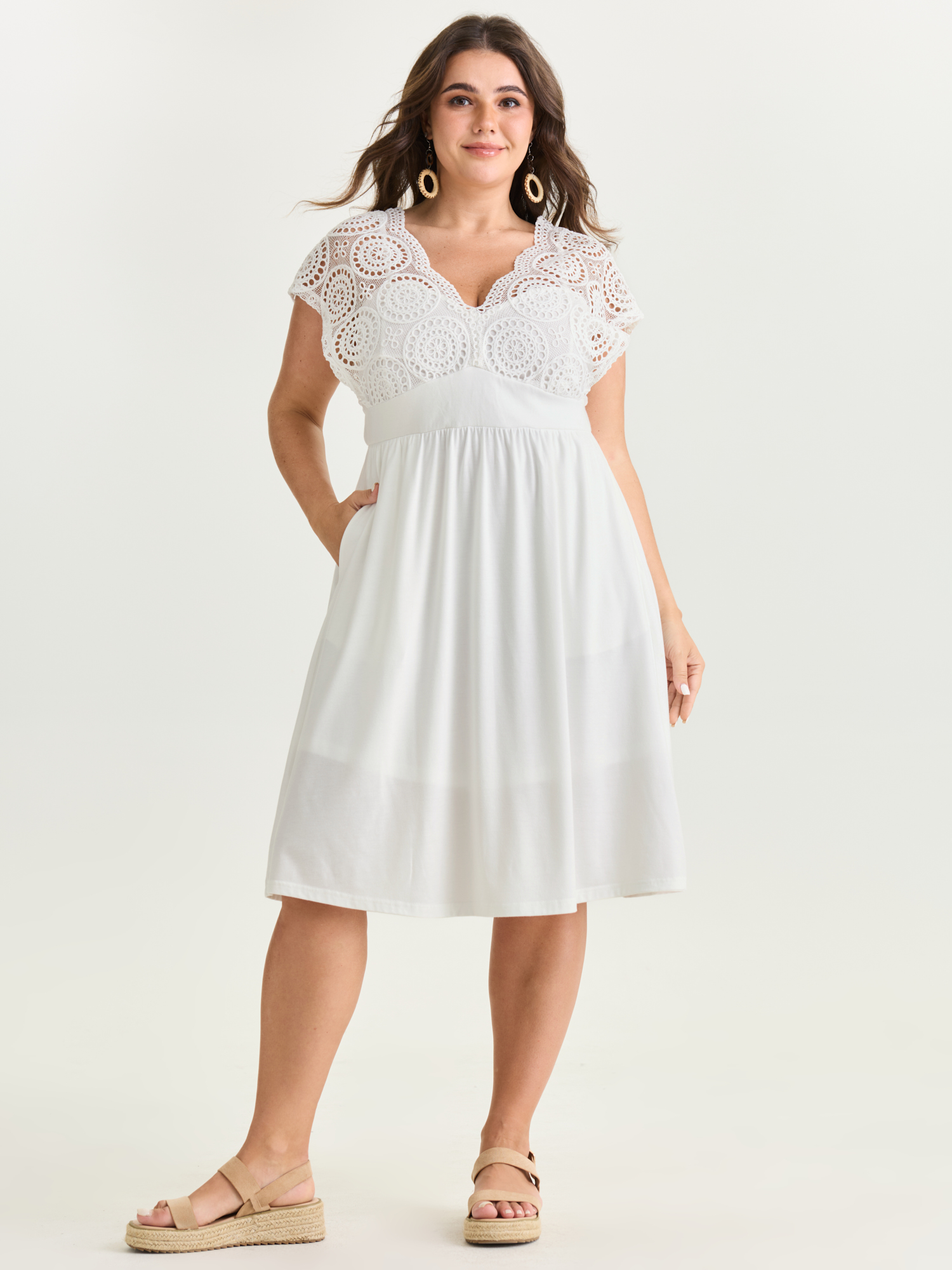 Side view of BloomChic Women's Plus Size Sheer Lace Sleeve Flowy Mini Dress WhiteSmoke Vacation 28/5X