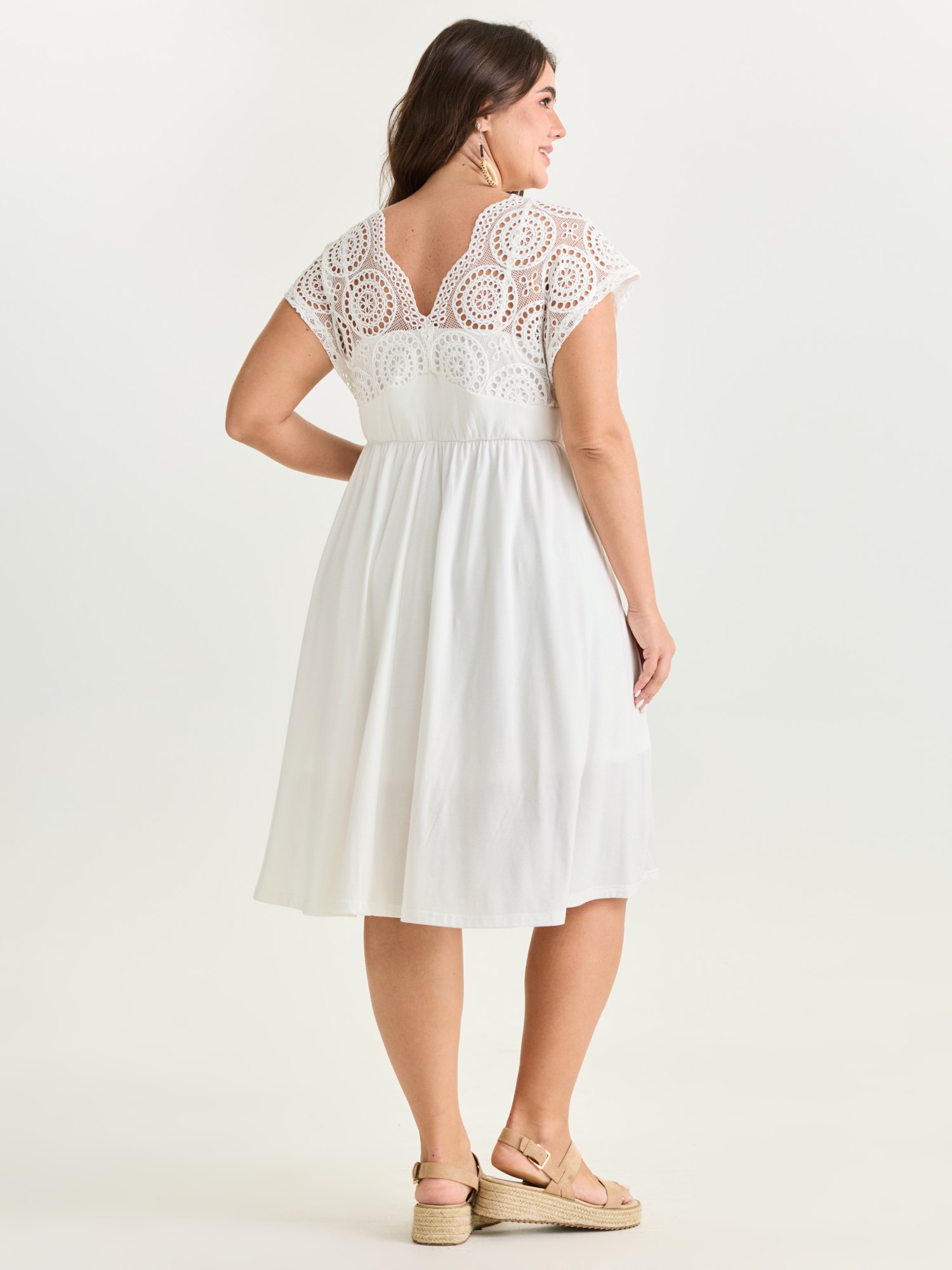 Side view of BloomChic Women's Plus Size Sheer Lace Sleeve Flowy Mini Dress WhiteSmoke Vacation 28/5X