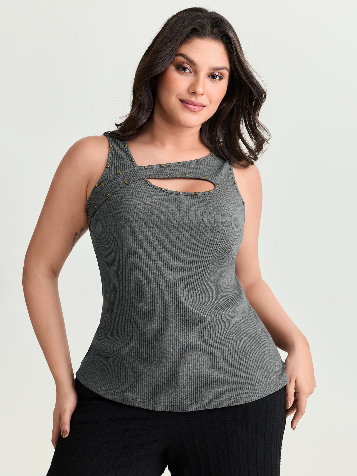 Bloomchic Women's Plus Size Cotton Ribbed Asymmetric Neckline Tank Top Dimgray Casual Fitted Sheath Asymmetric