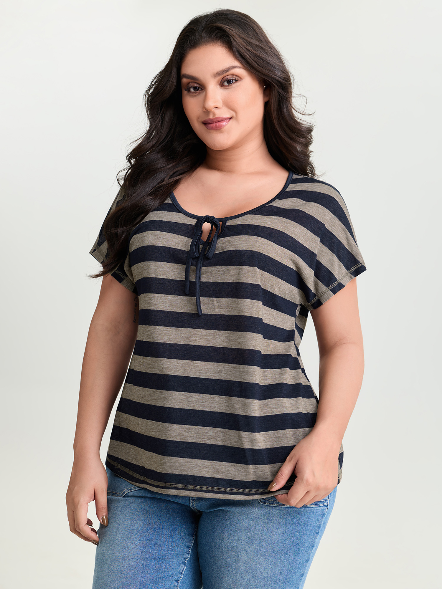 BloomChic Women's Plus Size Stretchy Striped Print Neck-Tie T-Shirt Midnight Stripes Everyday-Casual Short sleeve 22-24/3X