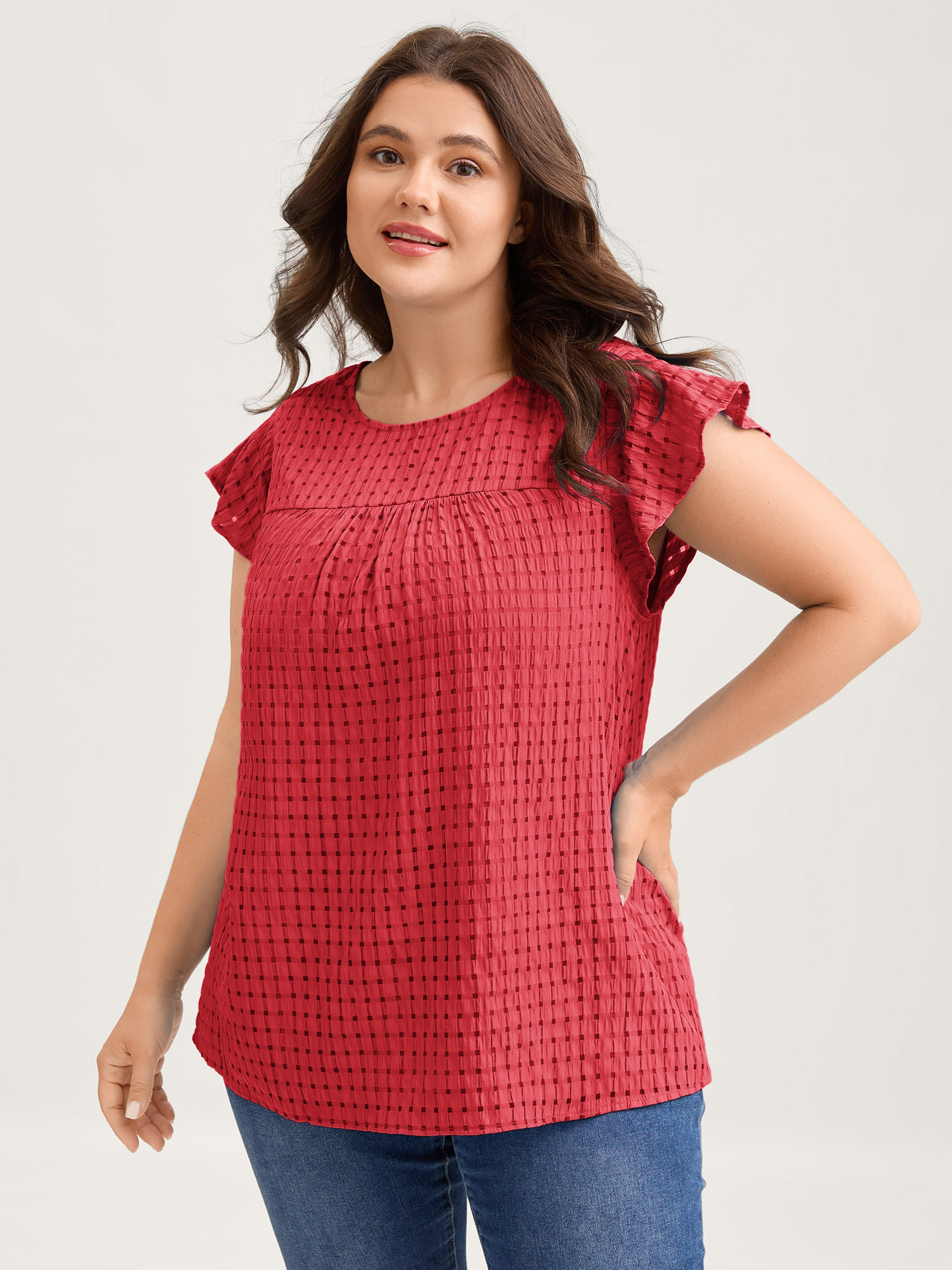 BloomChic Women's Plus Size Textured Sheer Lined Flutter Sleeve Blouse Pompeiam Red Solid Everyday-Casual Short sleeve Round Neck 22-24/3X