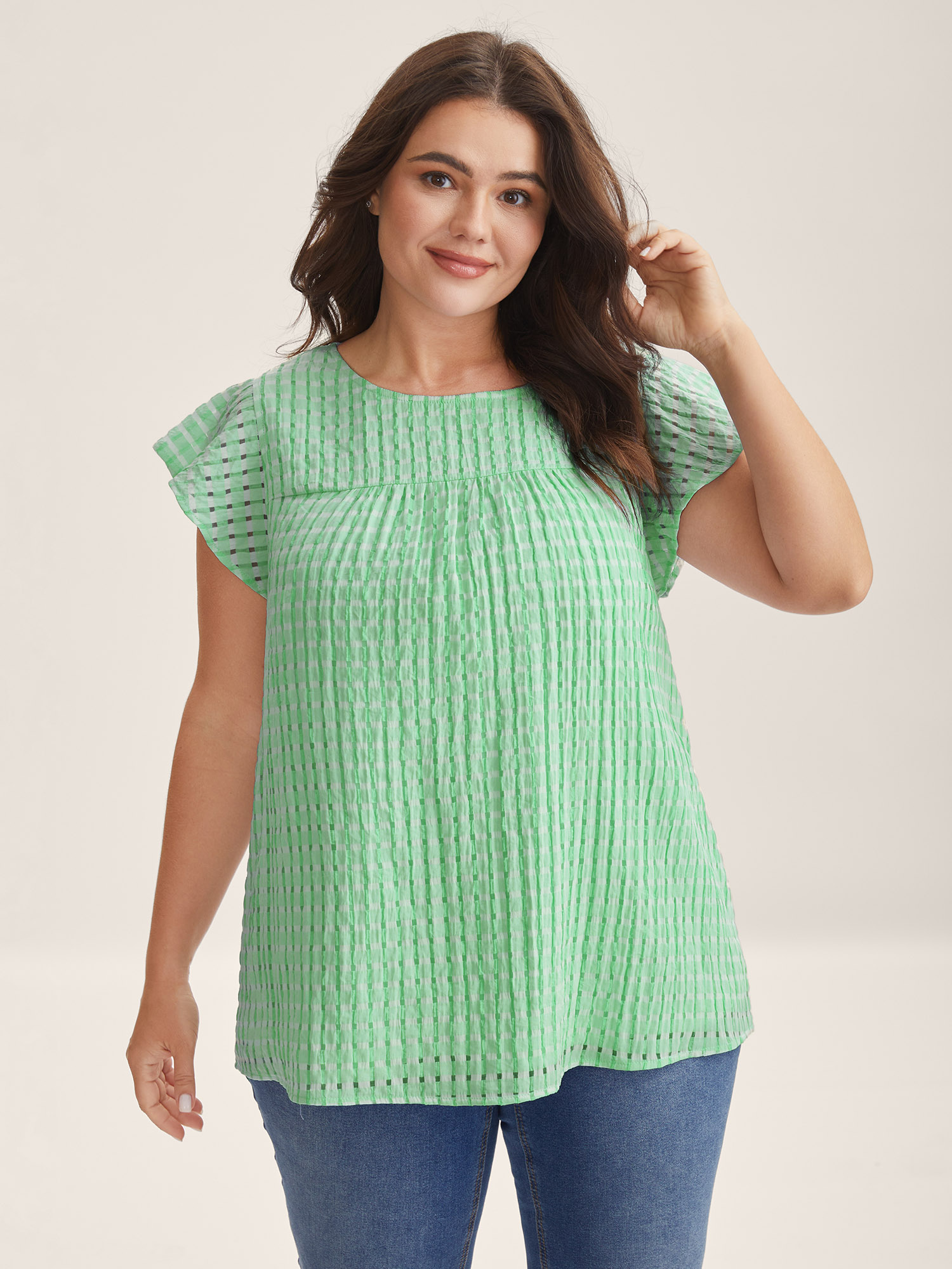 BloomChic Women's Plus Size Textured Sheer Lined Flutter Sleeve Blouse LawnGreen Solid Everyday-Casual Short sleeve Round Neck 18-20/2X