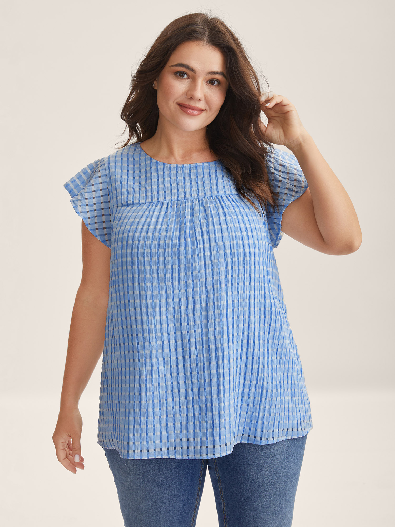 BloomChic Women's Plus Size Textured Sheer Lined Flutter Sleeve Blouse Skyblue Solid Everyday-Casual Short sleeve Round Neck 22-24/3X
