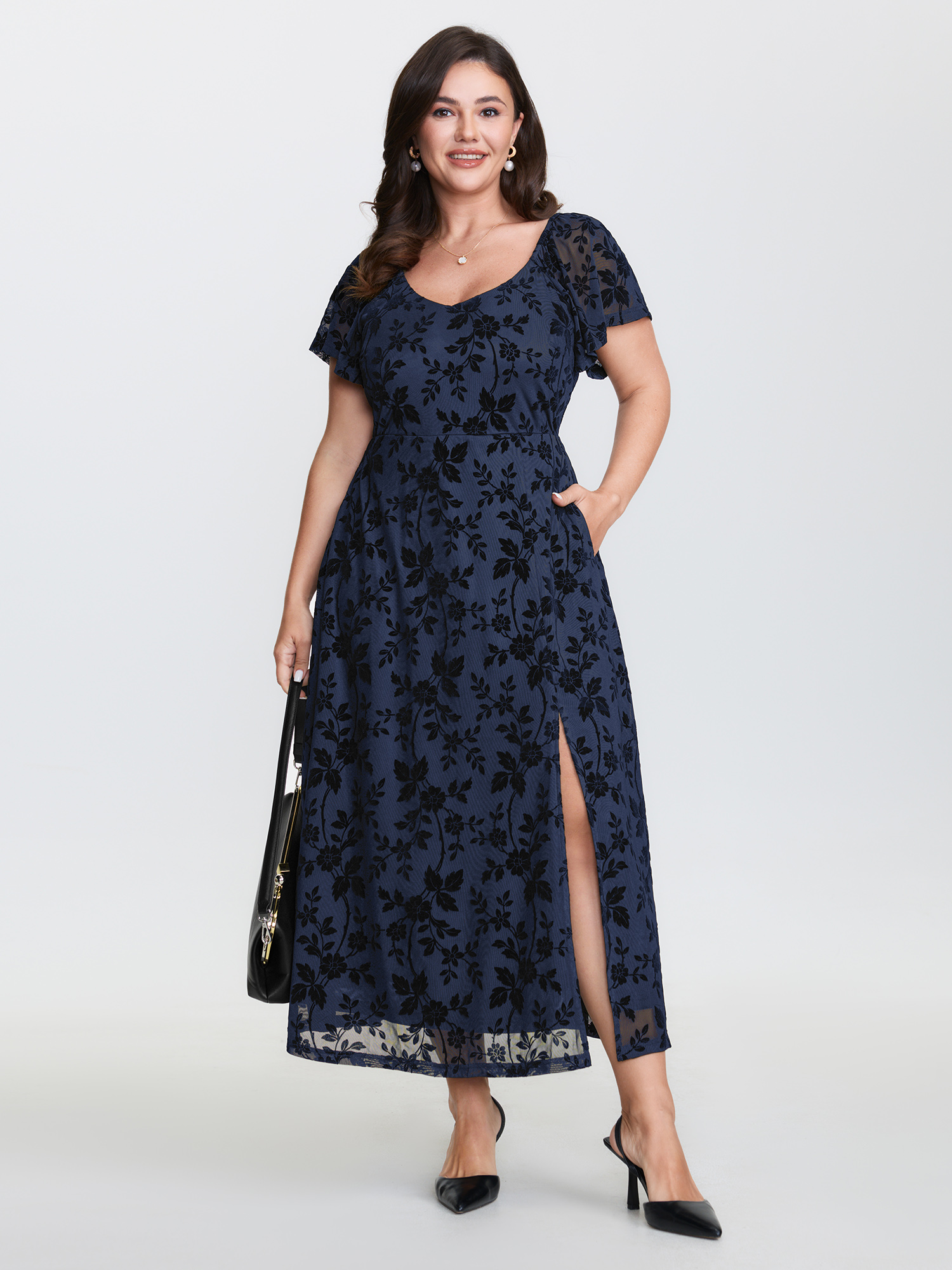 BloomChic Plus Size Floral Textured Jacquard Slit Hem Maxi Dress - Curve Ladies Indigo Elegant Cap Sleeve Botanical Side Pocket Daily Dresses 14/M