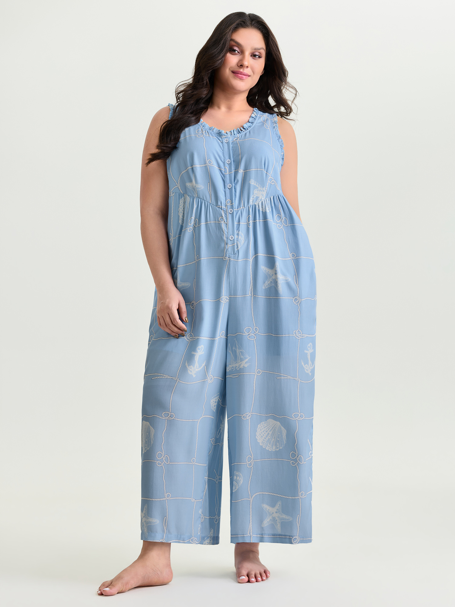 BloomChic Women's Plus Size Seashell Print Button Placket Lounge Jumpsuit LightBlue not graphics Maxi 28/5X-image-48184486887594