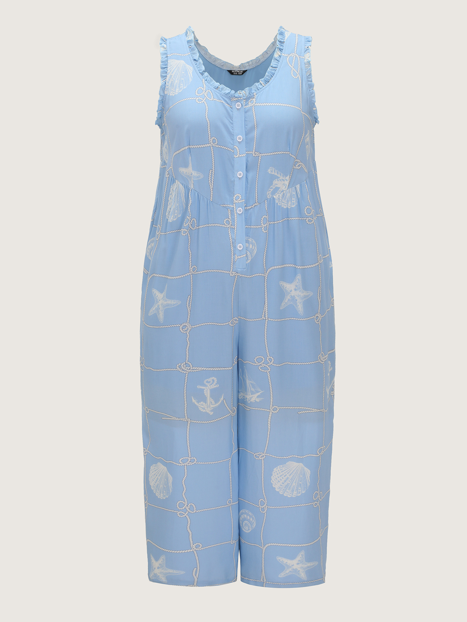 Side view of BloomChic Women's Plus Size Seashell Print Button Placket Lounge Jumpsuit LightBlue not graphics Maxi 26/4X
