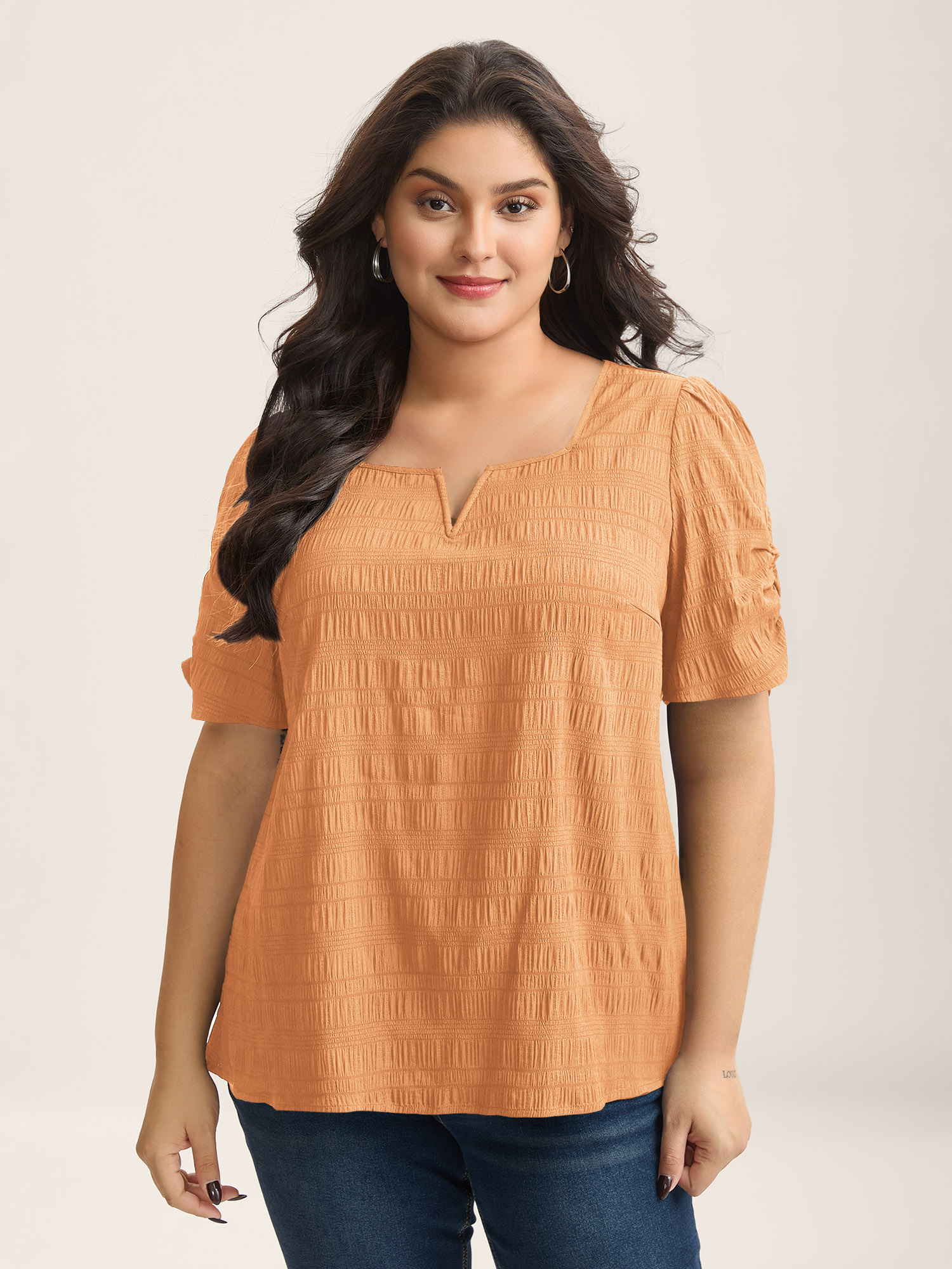 Bloomchic Women's Plus Size Textured Gathered Sleeve Split Neck Blouse Lightorange Solid Office Short Sleeve V