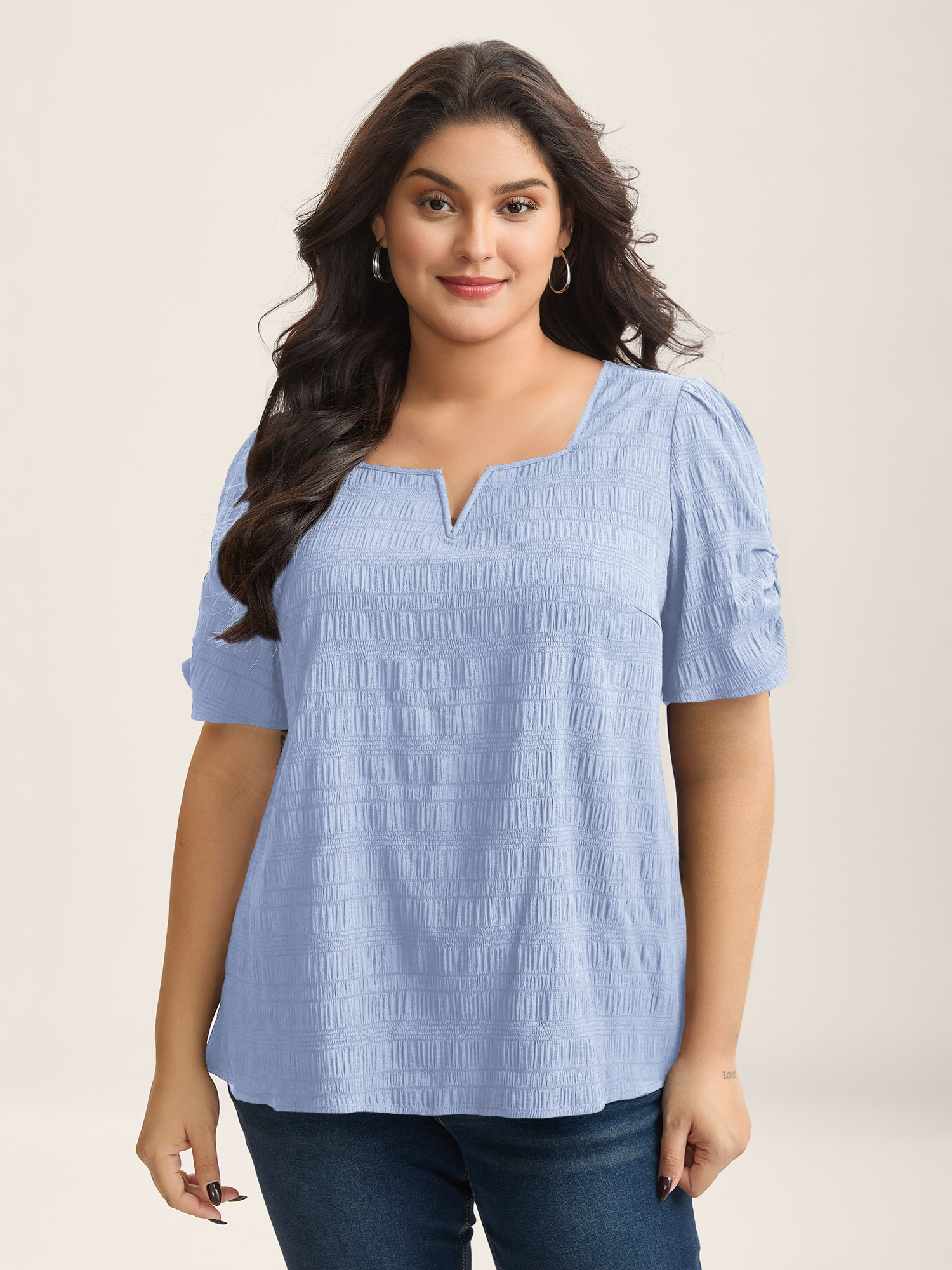 Bloomchic Women's Plus Size Textured Gathered Sleeve Split Neck Blouse Lightblue Solid Office Short Sleeve V-n In Blue