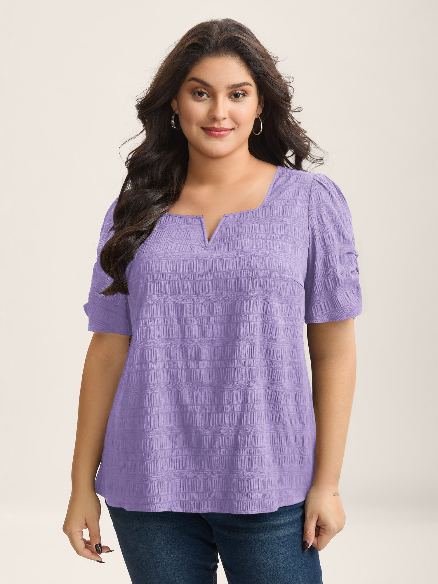 Bloomchic Women's Plus Size Textured Gathered Sleeve Split Neck Blouse Lilac Solid Office Short Sleeve V-notch In Purple