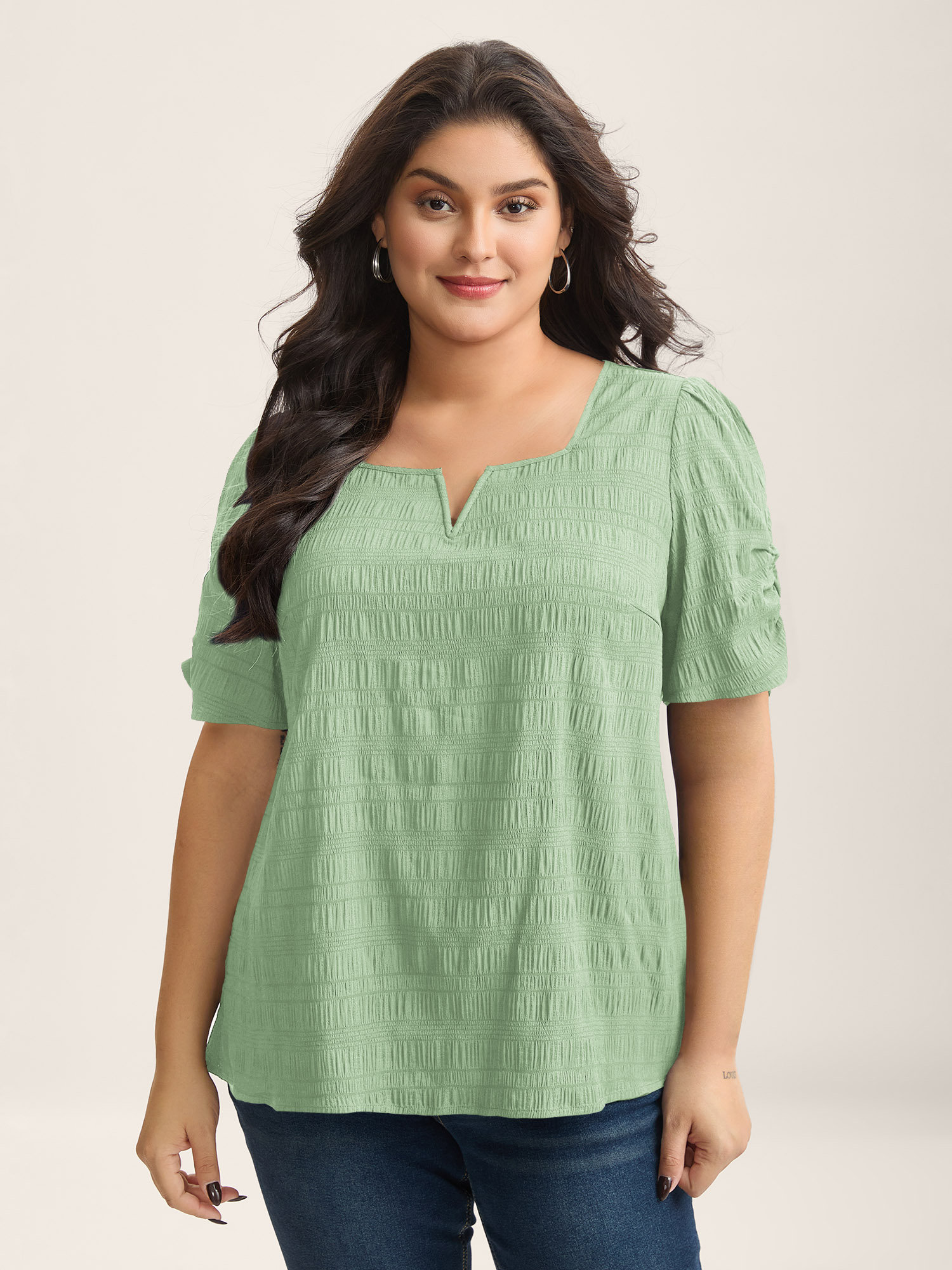 Bloomchic Women's Plus Size Textured Gathered Sleeve Split Neck Blouse Greenbean Solid Office Short Sleeve V-n