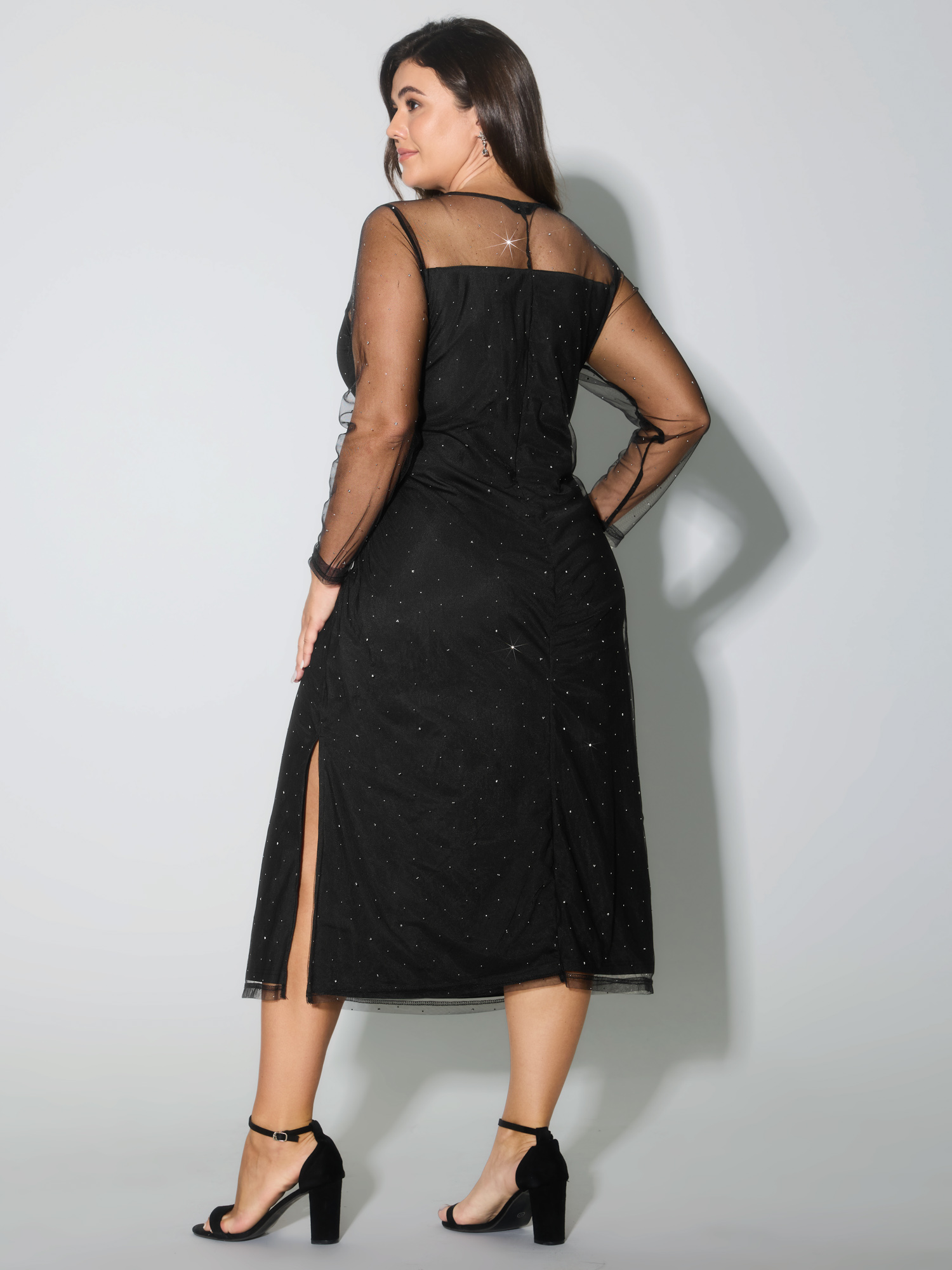 Side view of BloomChic Women's Plus Size Sheer Stretchy Rhinestone Midi Party Dress Pureblack Party Maxi Round Neck 18-20/2X