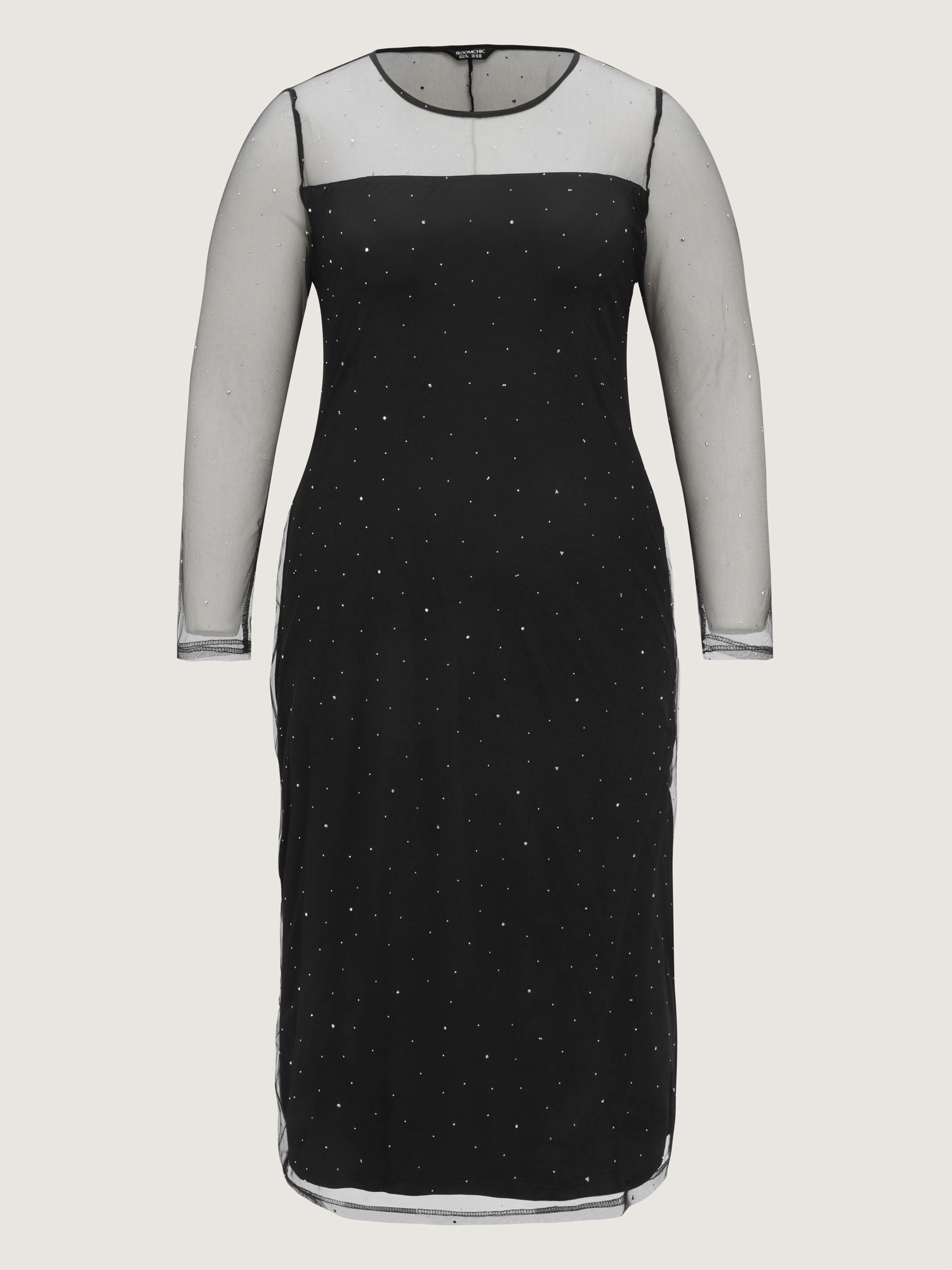 Side view of BloomChic Women's Plus Size Sheer Stretchy Rhinestone Midi Party Dress Pureblack Party Maxi Round Neck 18-20/2X