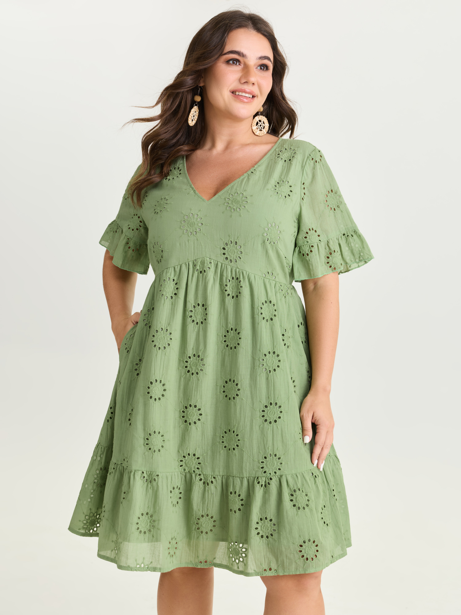 BloomChic Women's Plus Size Eyelet Embroidered Ruffled Sleeve Mini Dress Sage Solid cropped Vacation Cut-Out 12/L