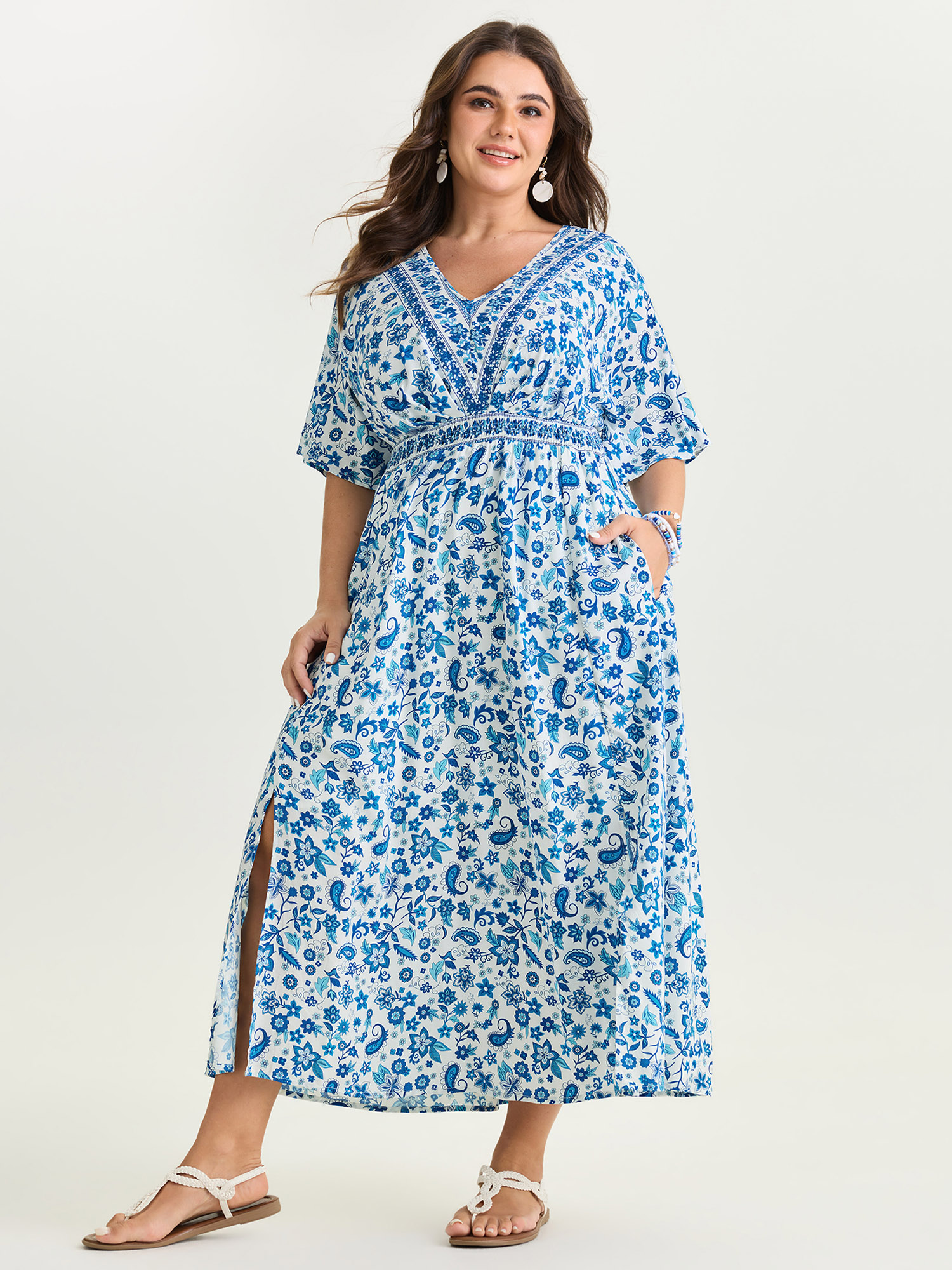 BloomChic Women's Plus Size Paisley Floral Print Split Hem Maxi Dress Mediumblue Ethnic Floral Maxi Vacation Slit 10/M