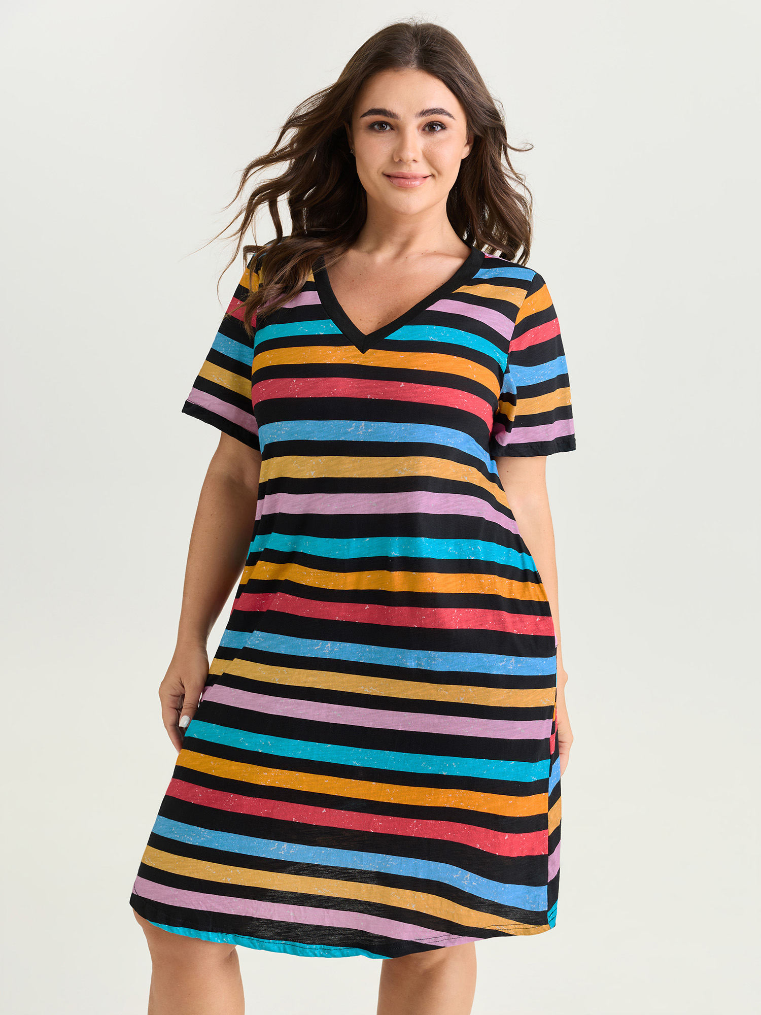 BloomChic Women's Plus Size Cotton Stretchy Colorful Striped V-Neckline Midi Dress Black Stripes Knee Length Everyday-Casual 10/M