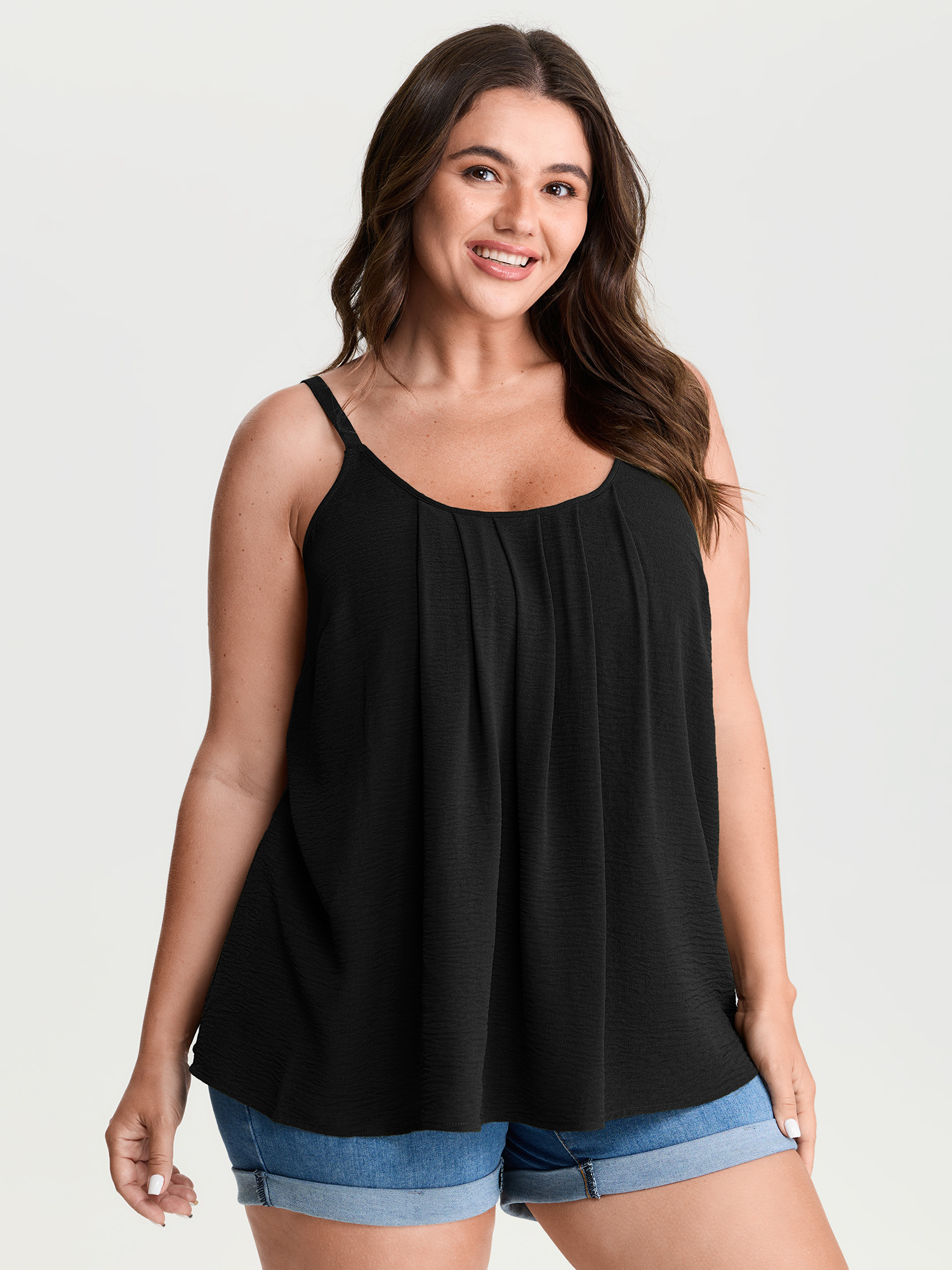 BloomChic Women's Plus Size Pleated Flowy Plain Tank Top Black Everyday-Casual Relaxed Fit A-line U-Neck 10/M