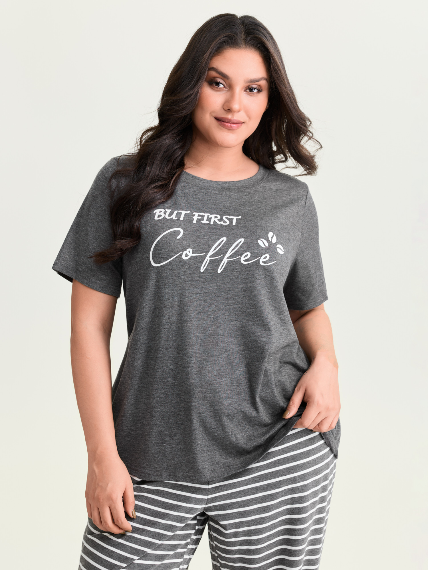 Side view of BloomChic Women's Plus Size Supersoft Striped Print Pajama Set DimGray 10/M