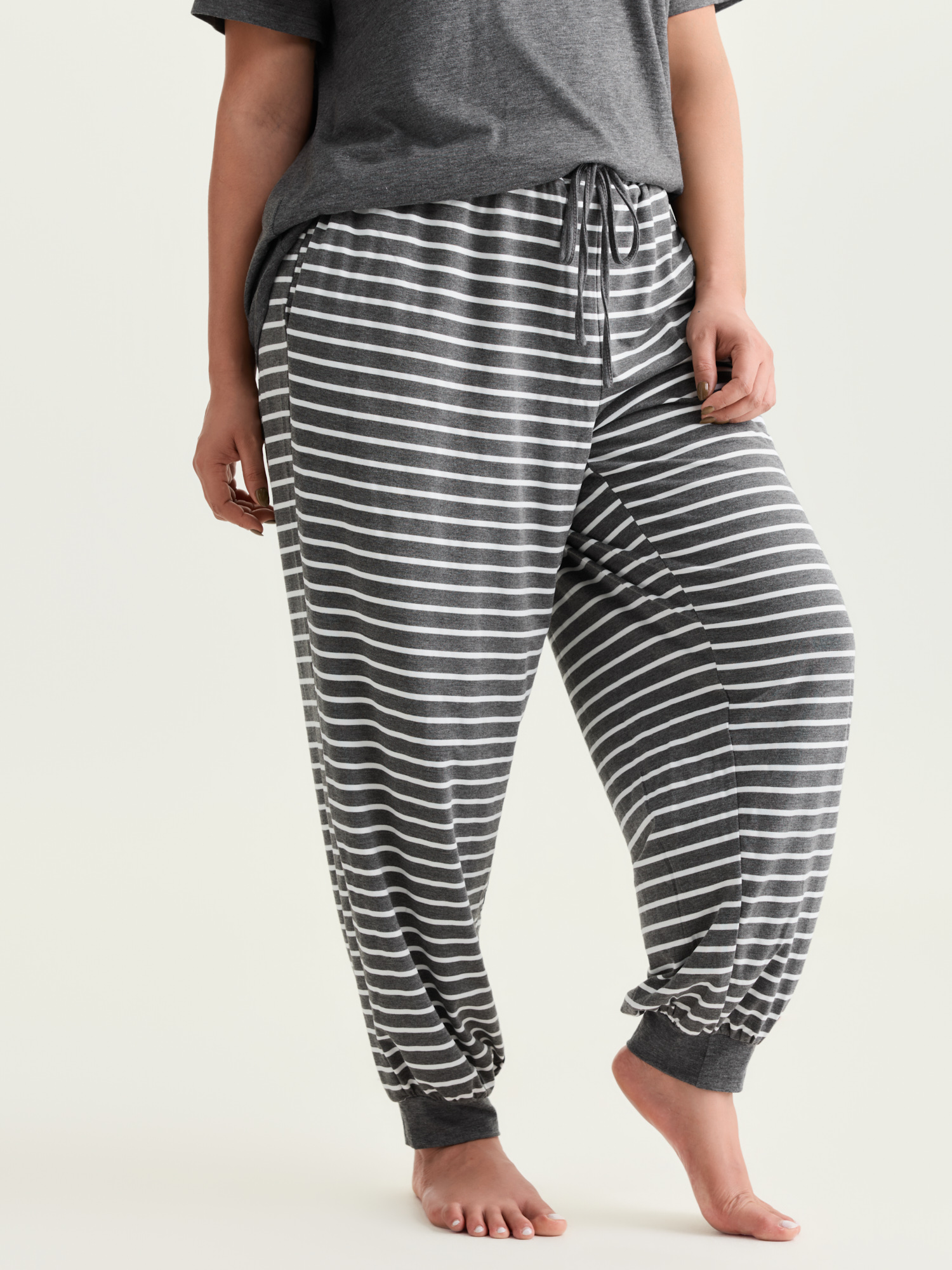 Side view of BloomChic Women's Plus Size Supersoft Striped Print Pajama Set DimGray 10/M