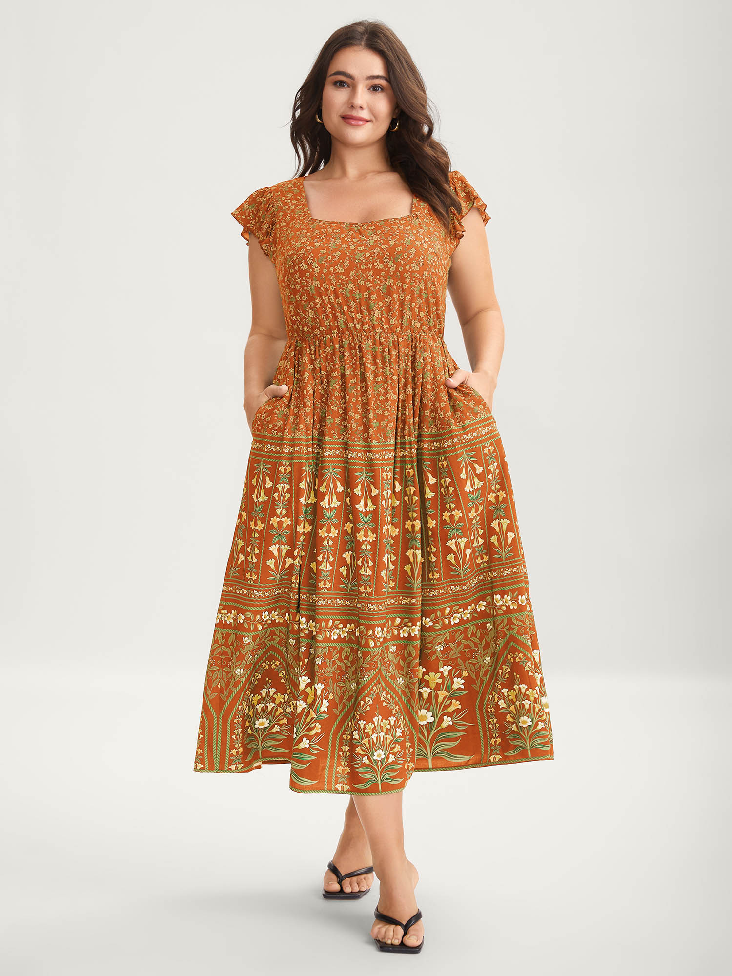 BloomChic Women's Plus Size Rayon Garden Fresh Ruffled Sleeve Midi Dress Coral Ethnic Floral Midi Vacation Ruffles 30/6X