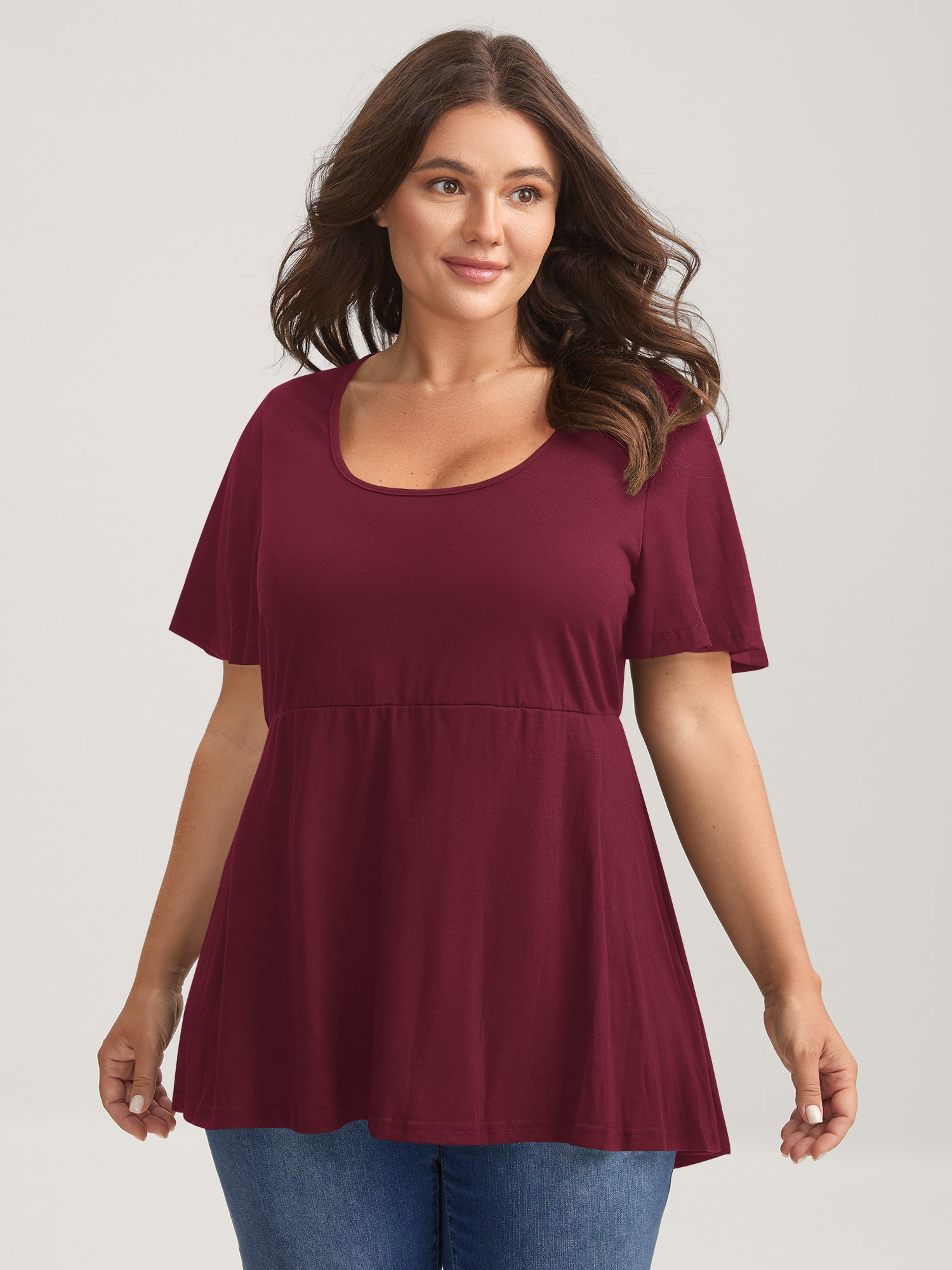 BloomChic Women's Plus Size Ruffled Sleeve Round Neck Babydoll Top Merlot Short sleeve Everyday-Casual U-Neck 10/M