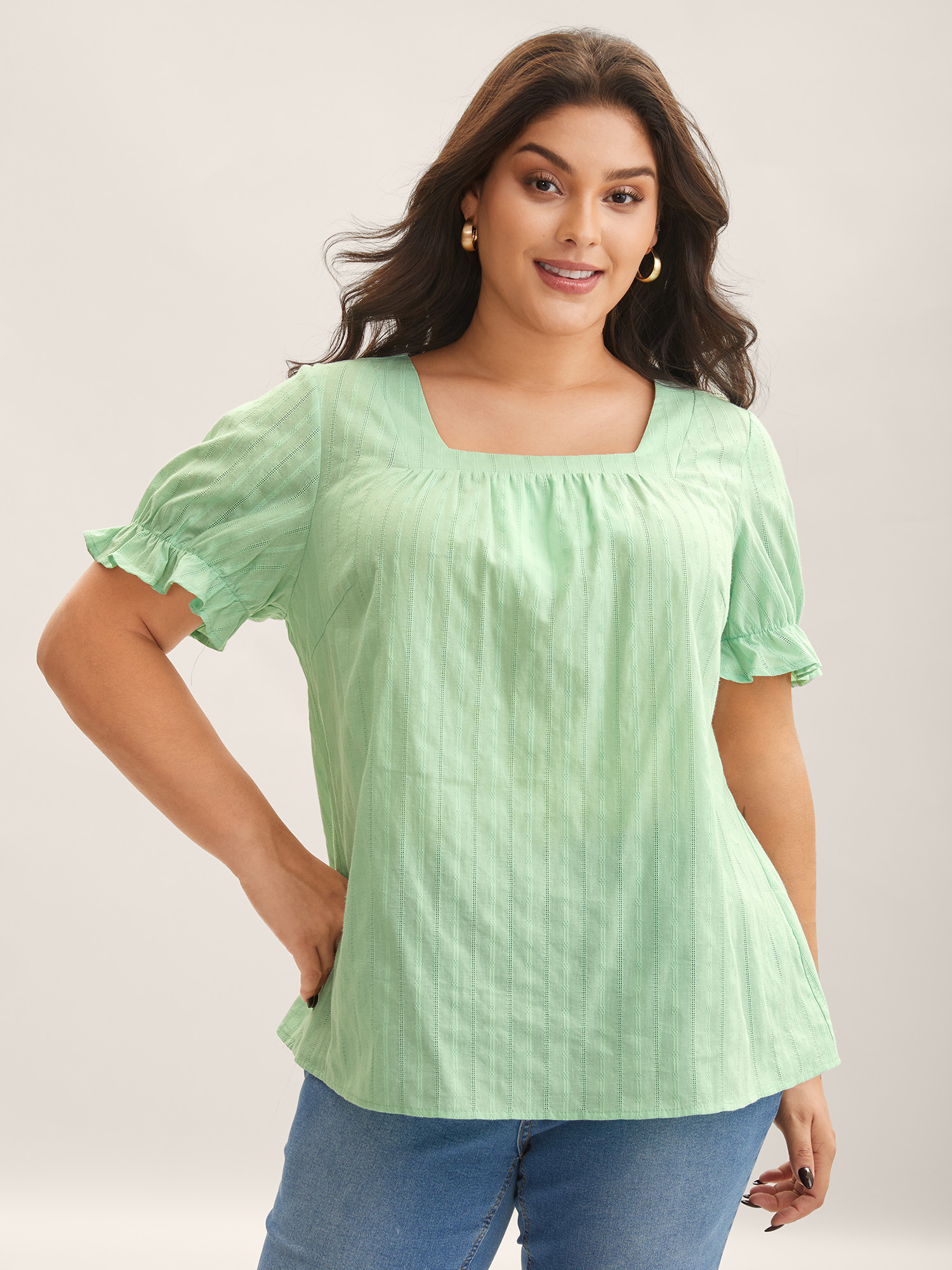 BloomChic Women's Plus Size Cotton Square Neck Ruffled Sleeve Blouse LightGreen Solid Everyday-Elegant Short sleeve Square Neck 10/M