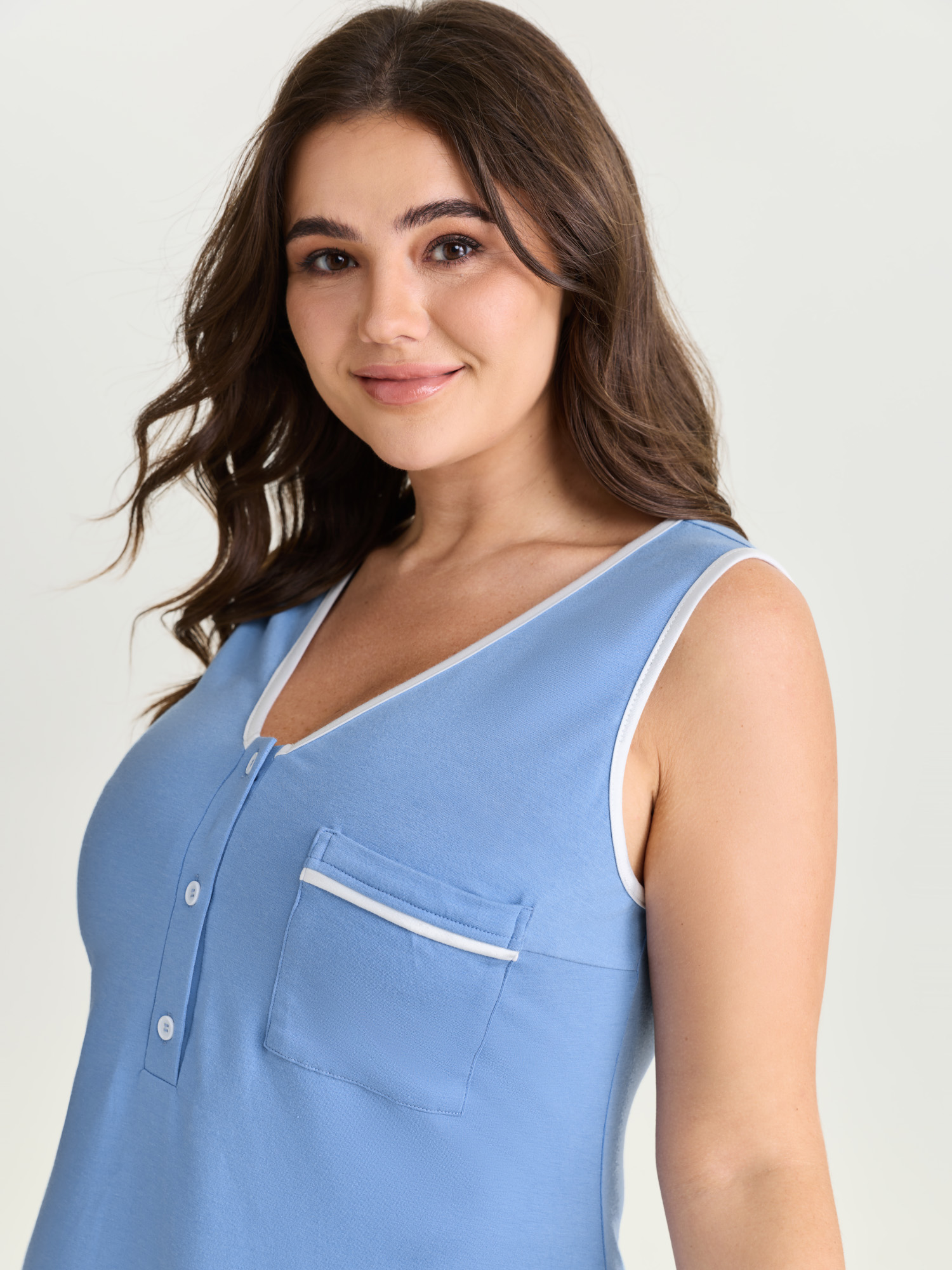 Side view of BloomChic Women's Plus Size Supersoft Color Contrast Lounge Dress LightBlue not graphics Knee Length 14-16/1X